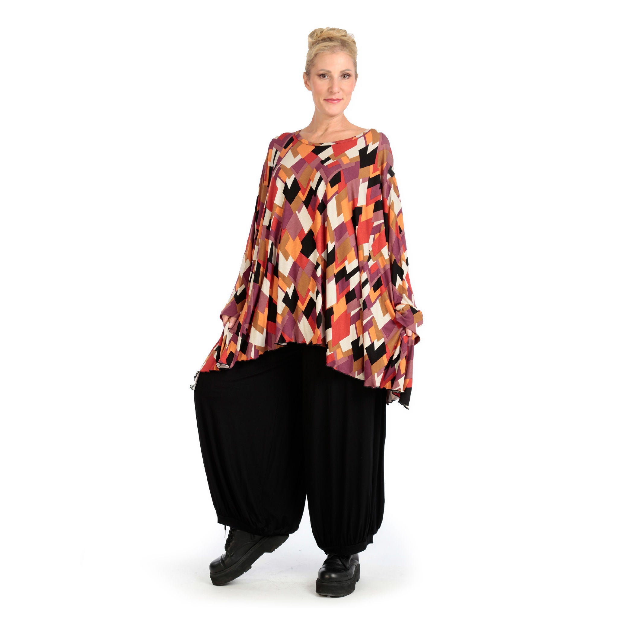  A-Form Bigshirt von AKH Fashion aus Viskose, 1131.00593, Schwarz-Flieder-Orange, Raute