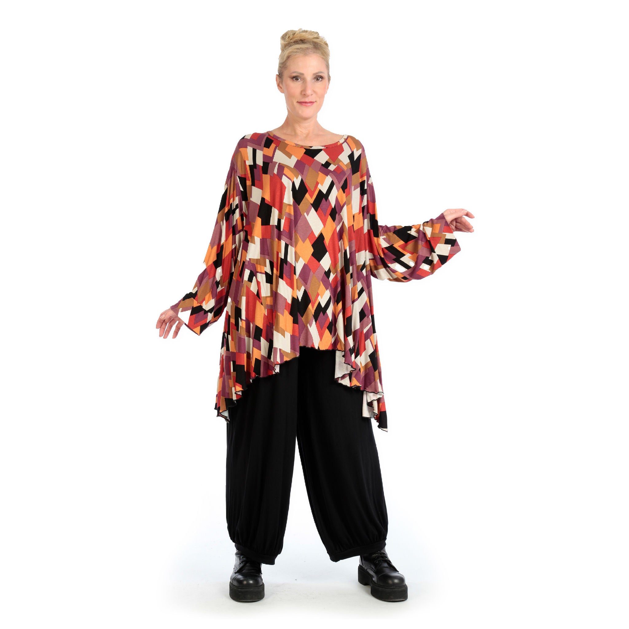  A-Form Bigshirt von AKH Fashion aus Viskose, 1131.00593, Schwarz-Flieder-Orange, Raute