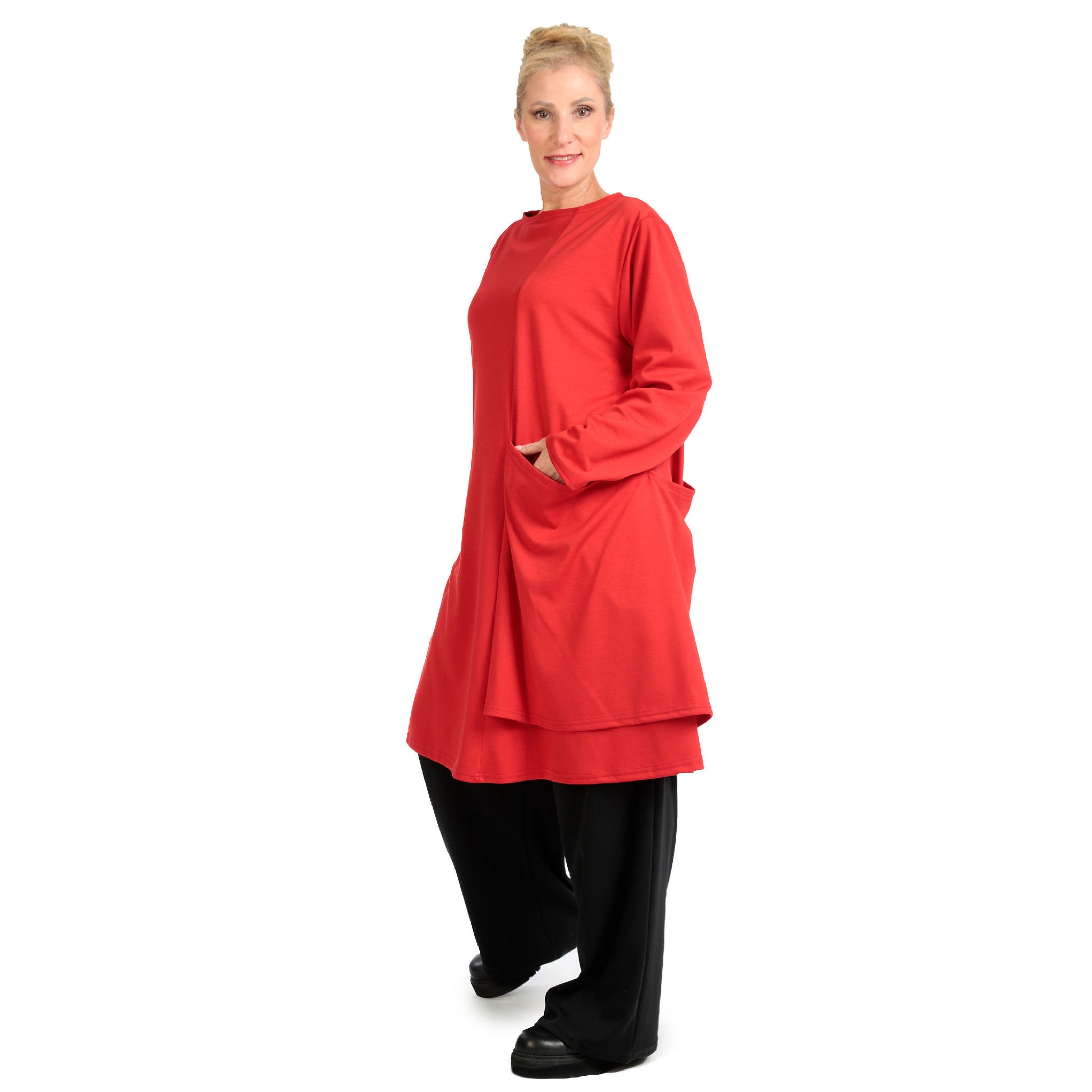  Elegantes rotes Shirt mit hochwertigem Jersey, unifarben, ideal für Lagenlook und Plus Size