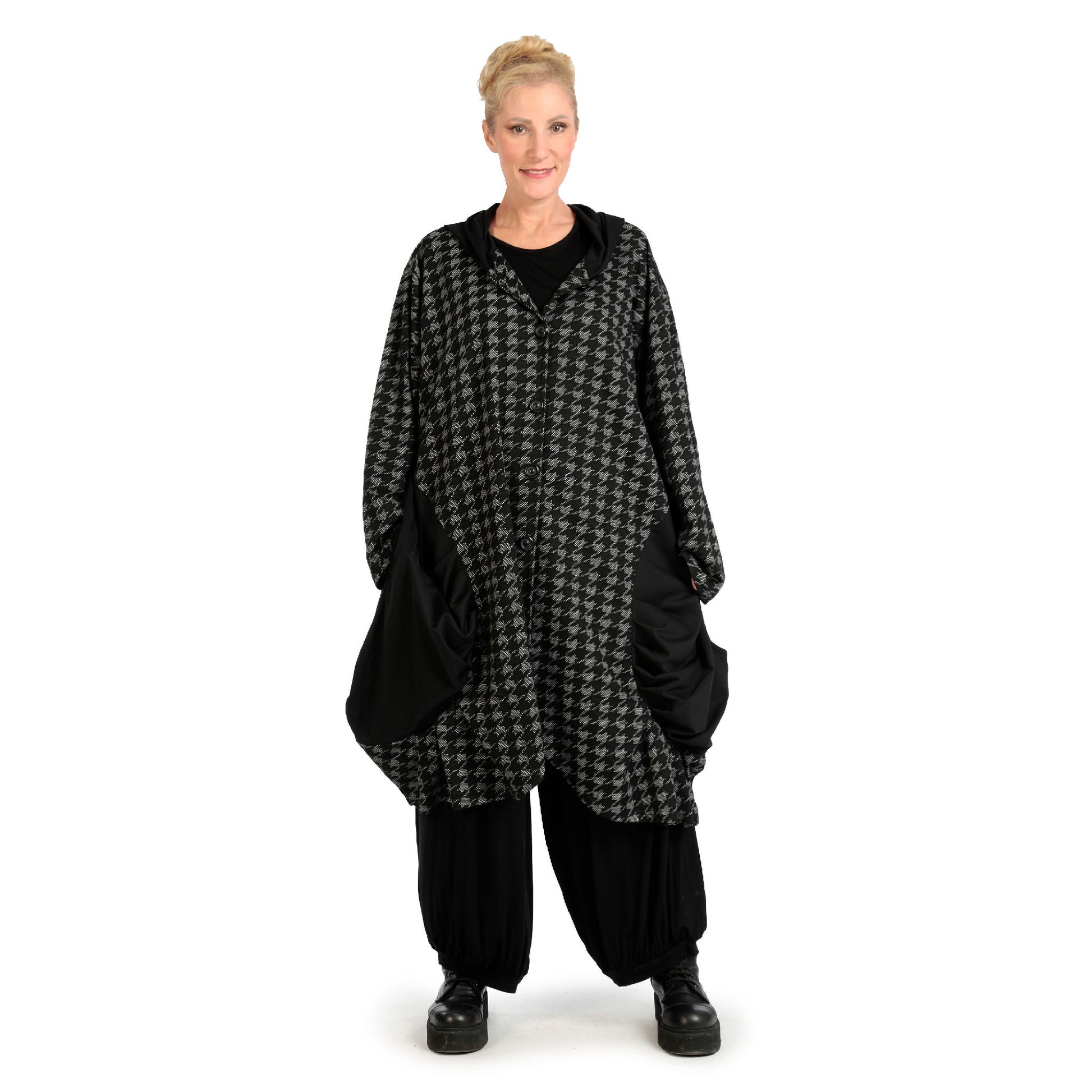  Oversize Ballonmantel mit Hahnentritt-Muster aus strapazierfähigem Jacquard-Polyester für Plus Size