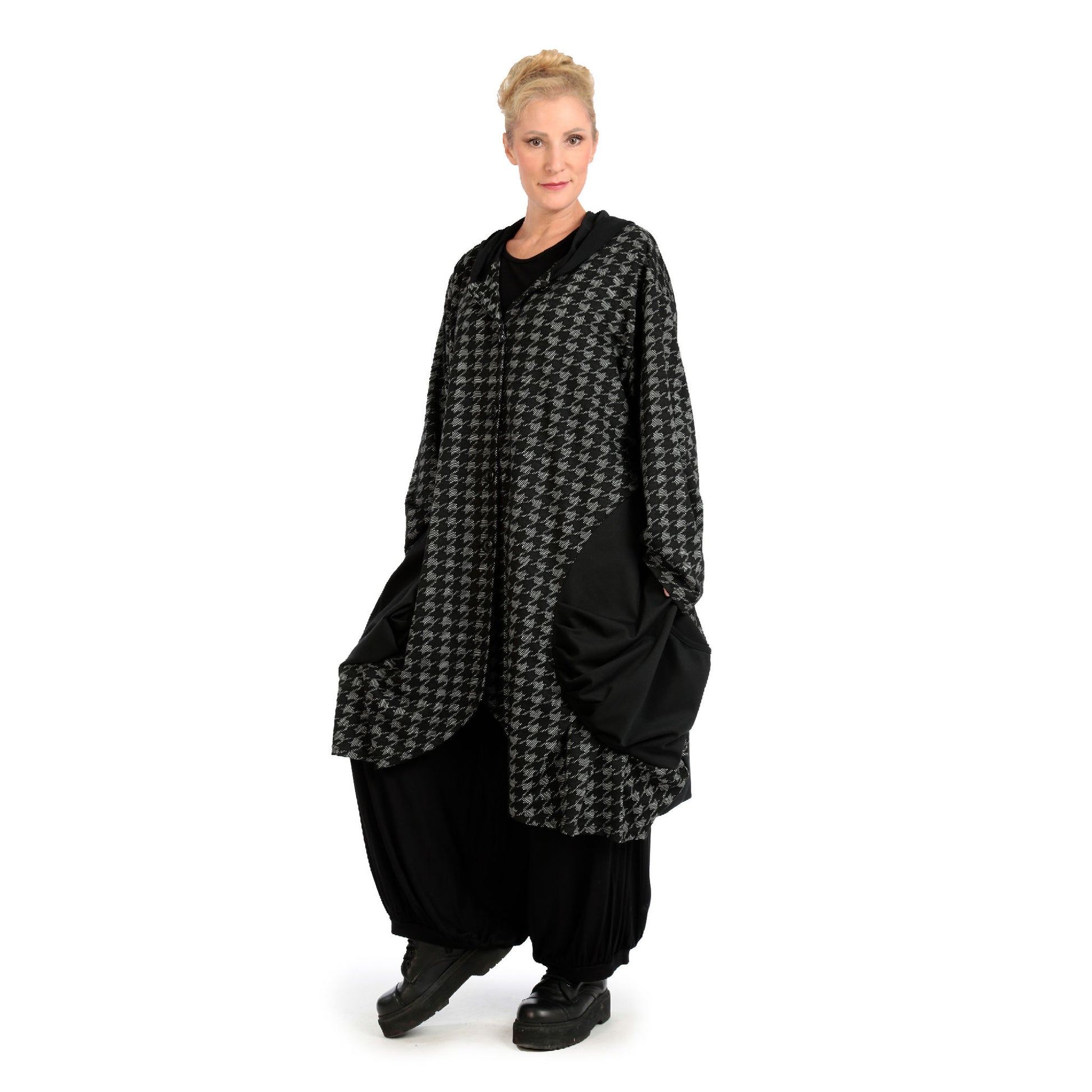  Oversize Ballonmantel mit Hahnentritt-Muster aus strapazierfähigem Jacquard-Polyester für Plus Size