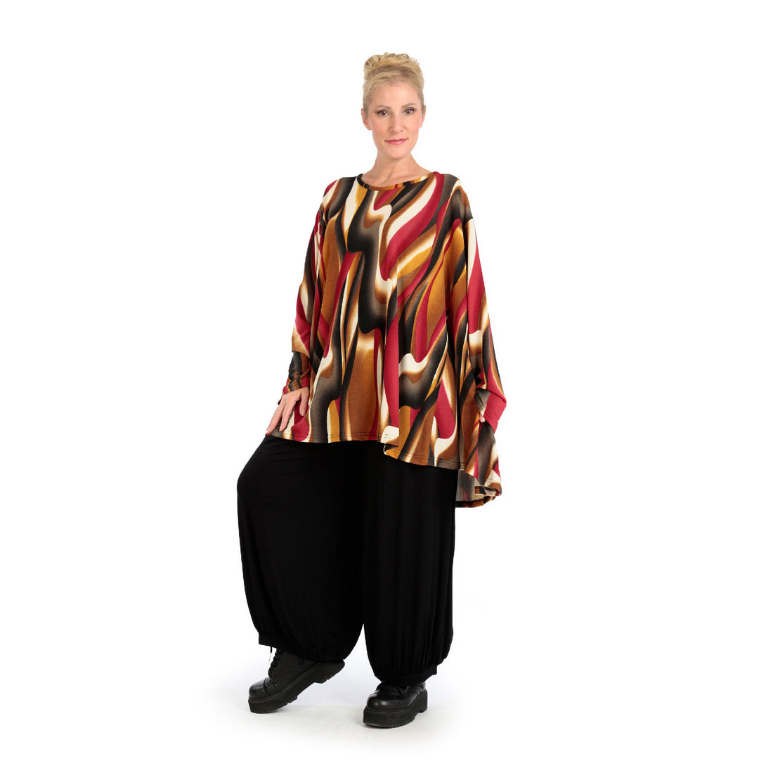  A-Form Bigshirt von AKH Fashion aus Viskose, 1144.00593, Cognac-Rot-Weiß, Wellen, Schick