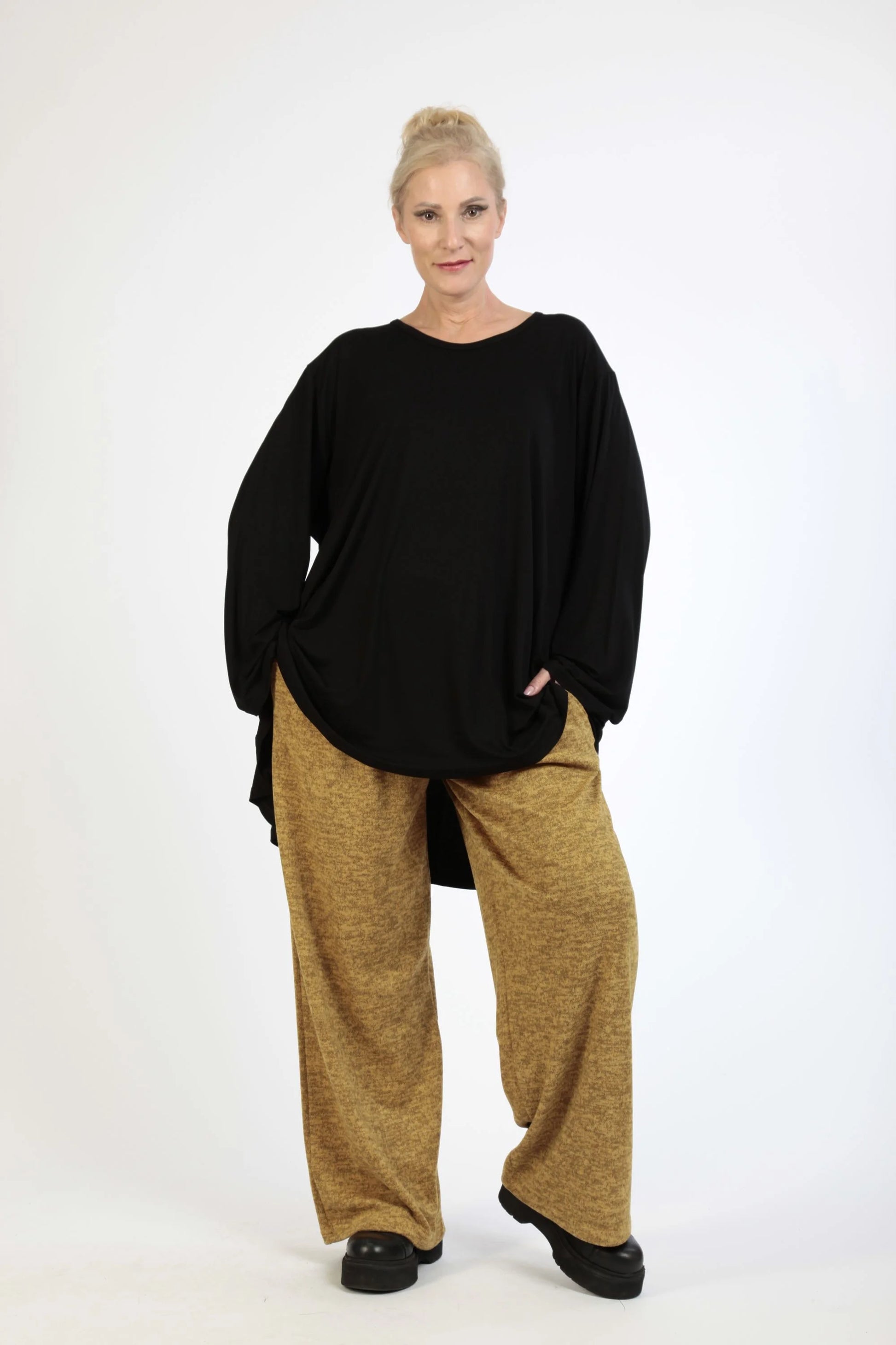  Stylische Hose in meliertem Senf mit elastischem Bund und praktischen Seitentaschen für Plus Size