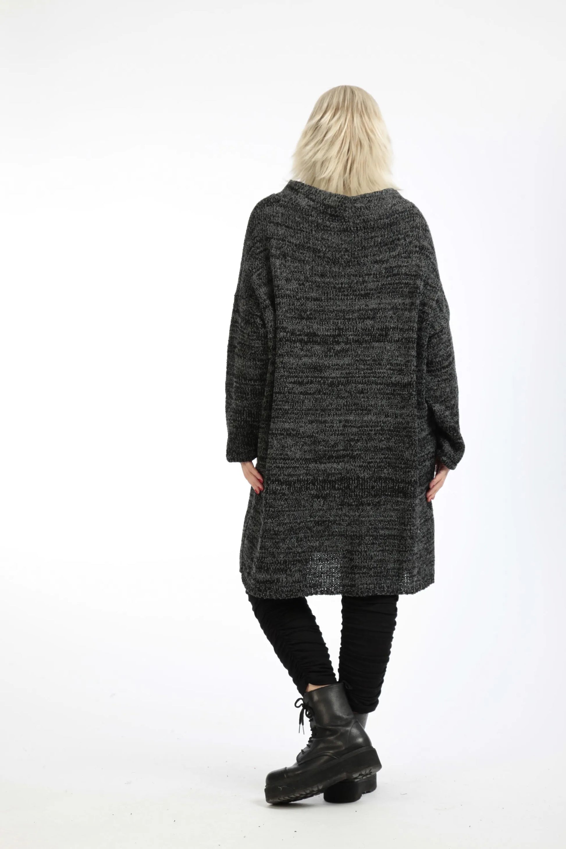  Stylischer melierter Pullover in Schwarz-Grau mit Stehkragen und praktischen Taschen, oversize Schnitt