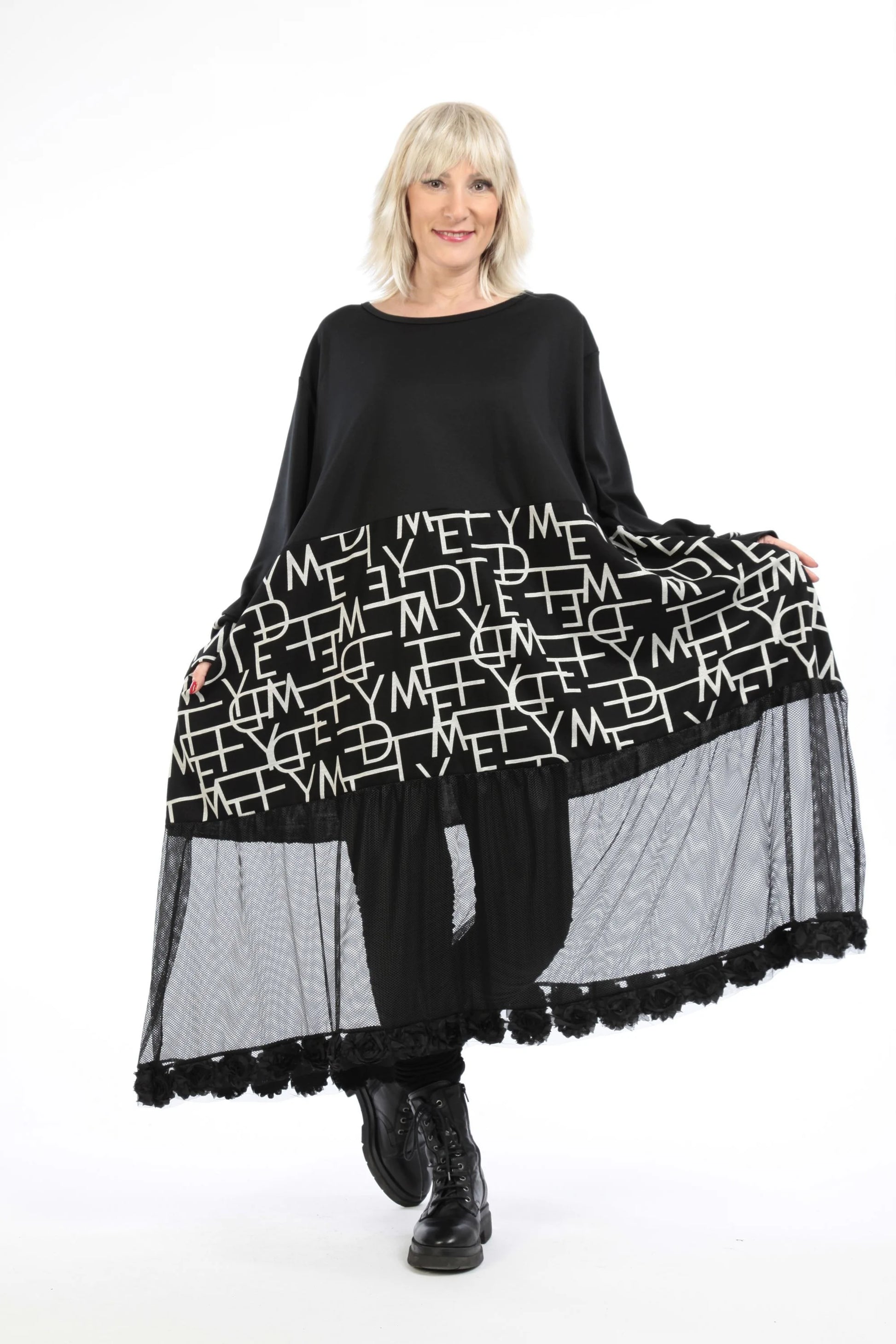  Ballonkleid von AKH Fashion aus Viskose, 1213.06712, Schwarz-Grau, Buchstaben, Ausgefallen