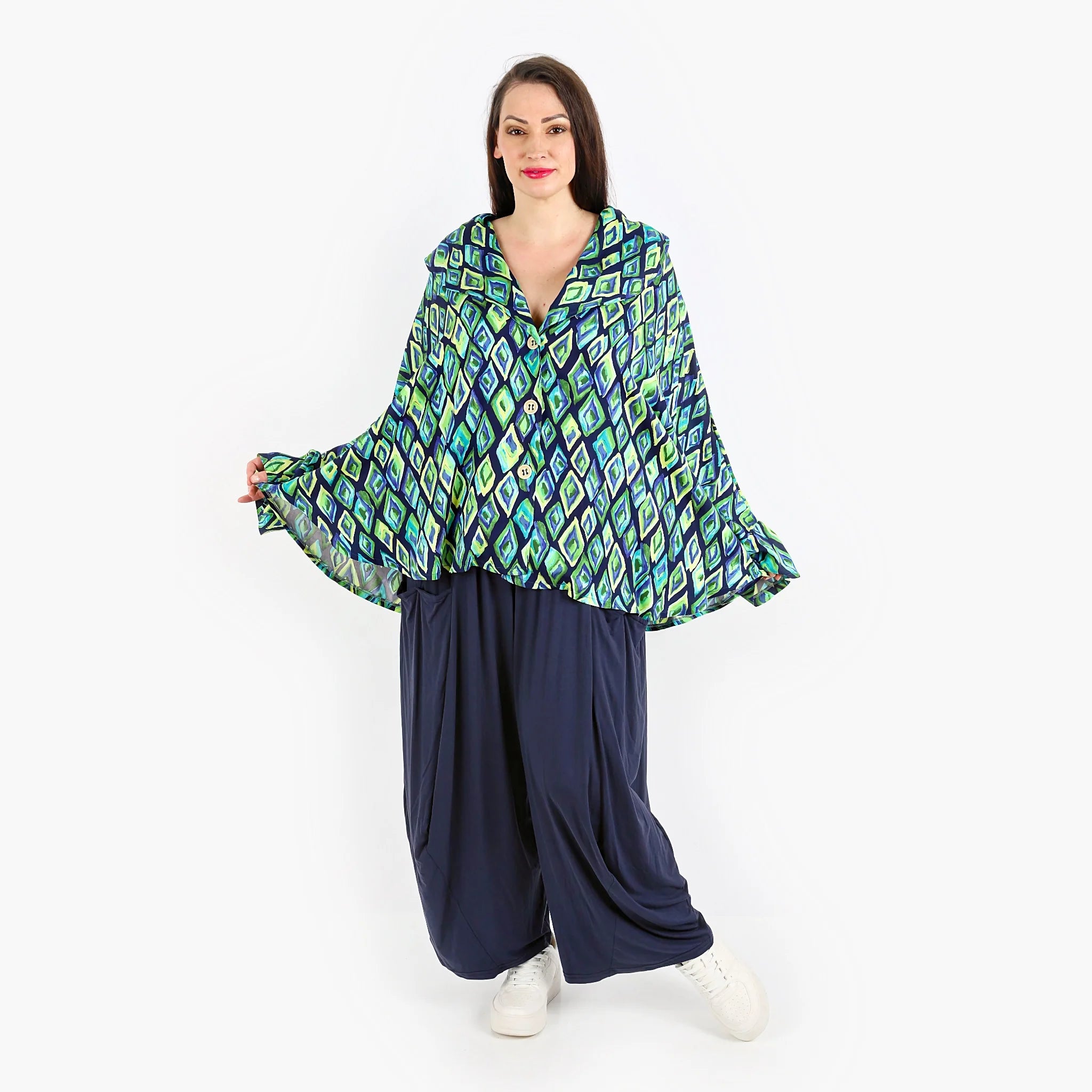  AKH Fashion Jacke in gerundeter Form, aus Viskose, 1309.00140, Marine-Grün-Gelb, Farbmix