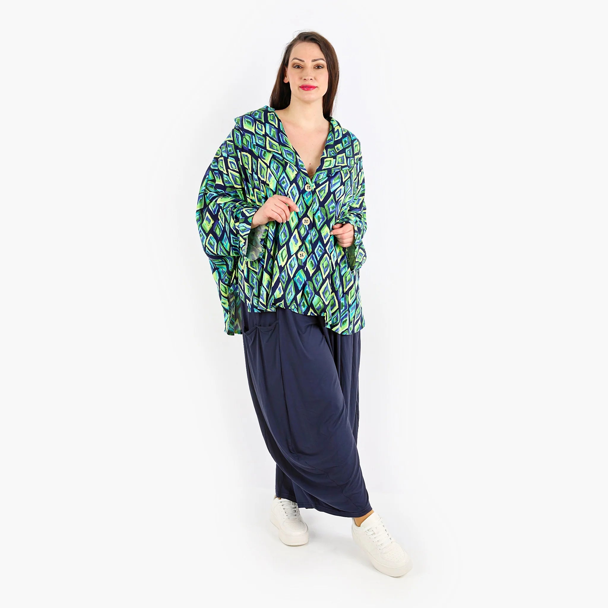  AKH Fashion Jacke in gerundeter Form, aus Viskose, 1309.00140, Marine-Grün-Gelb, Farbmix