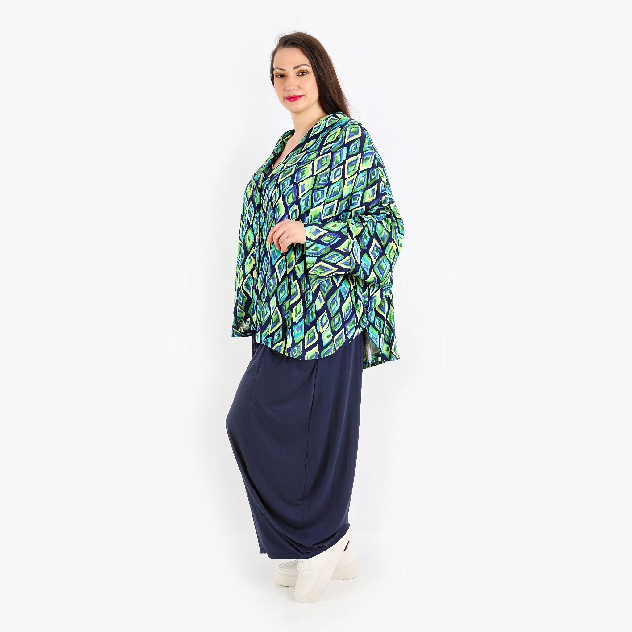  AKH Fashion Jacke in gerundeter Form, aus Viskose, 1309.00140, Marine-Grün-Gelb, Farbmix