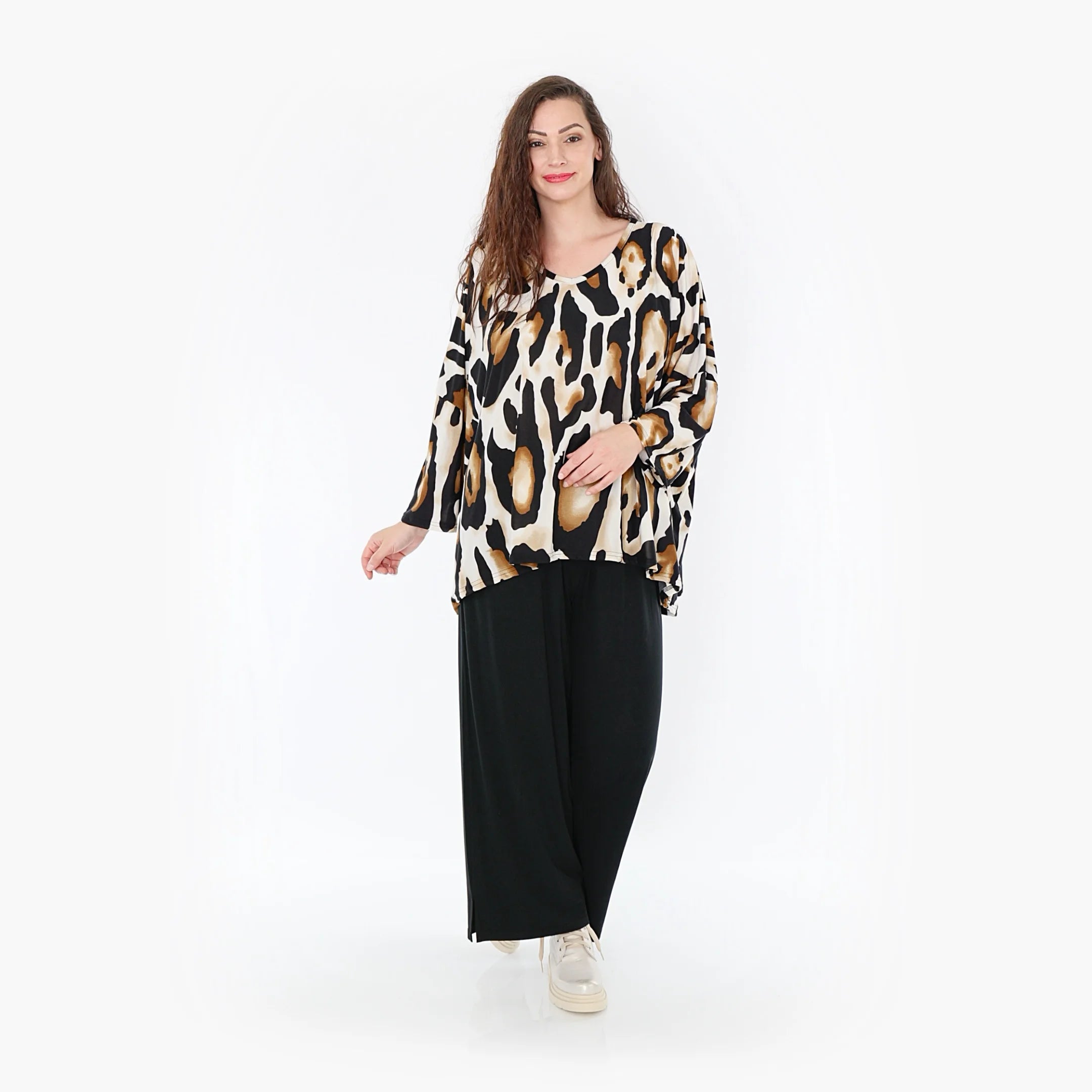  AKH Fashion Bigshirt in kastiger Form, aus Viskose, 1373.06993, Weiß-Schwarz-Cognac, Leopard