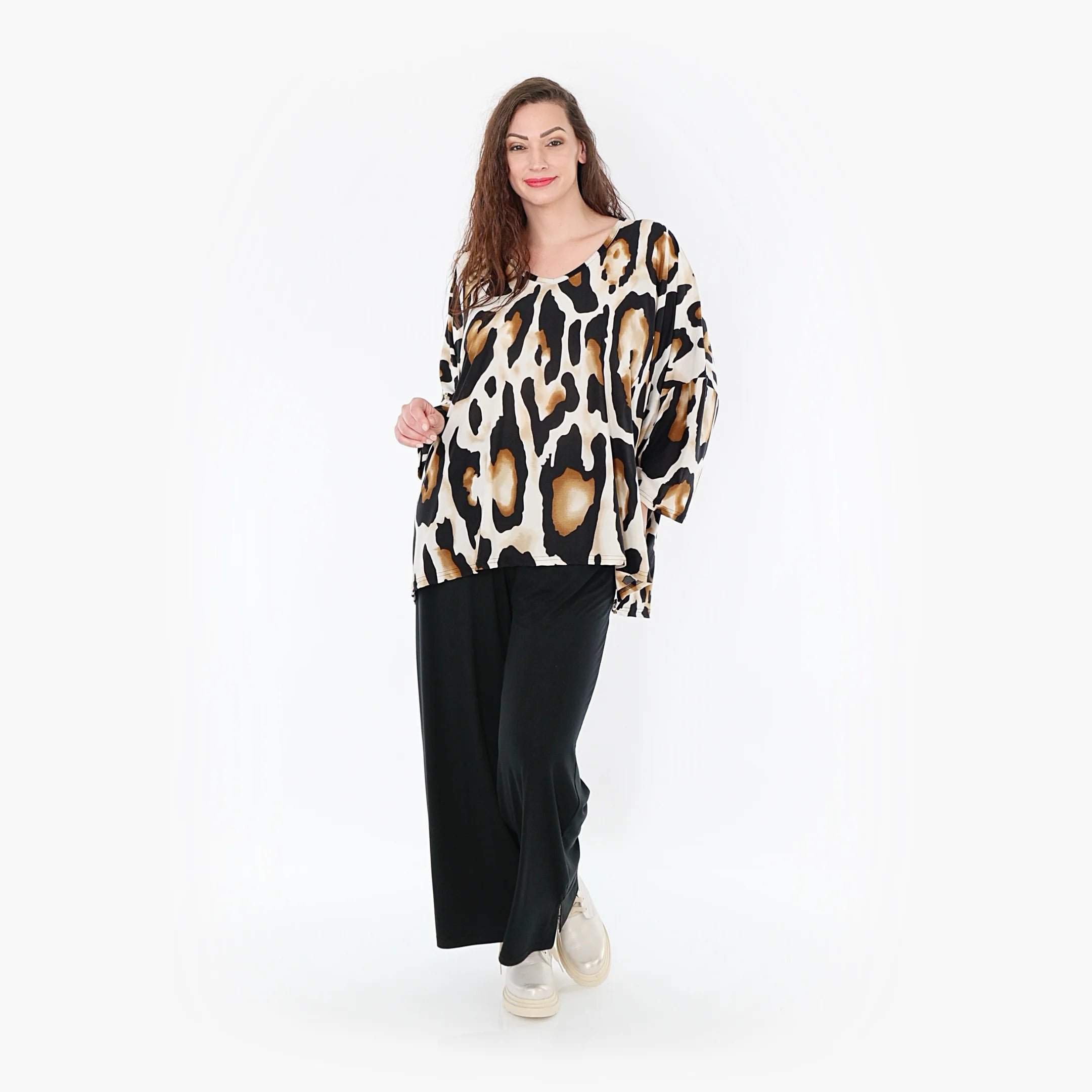 AKH Fashion Bigshirt in kastiger Form, aus Viskose, 1373.06993, Weiß-Schwarz-Cognac, Leopard