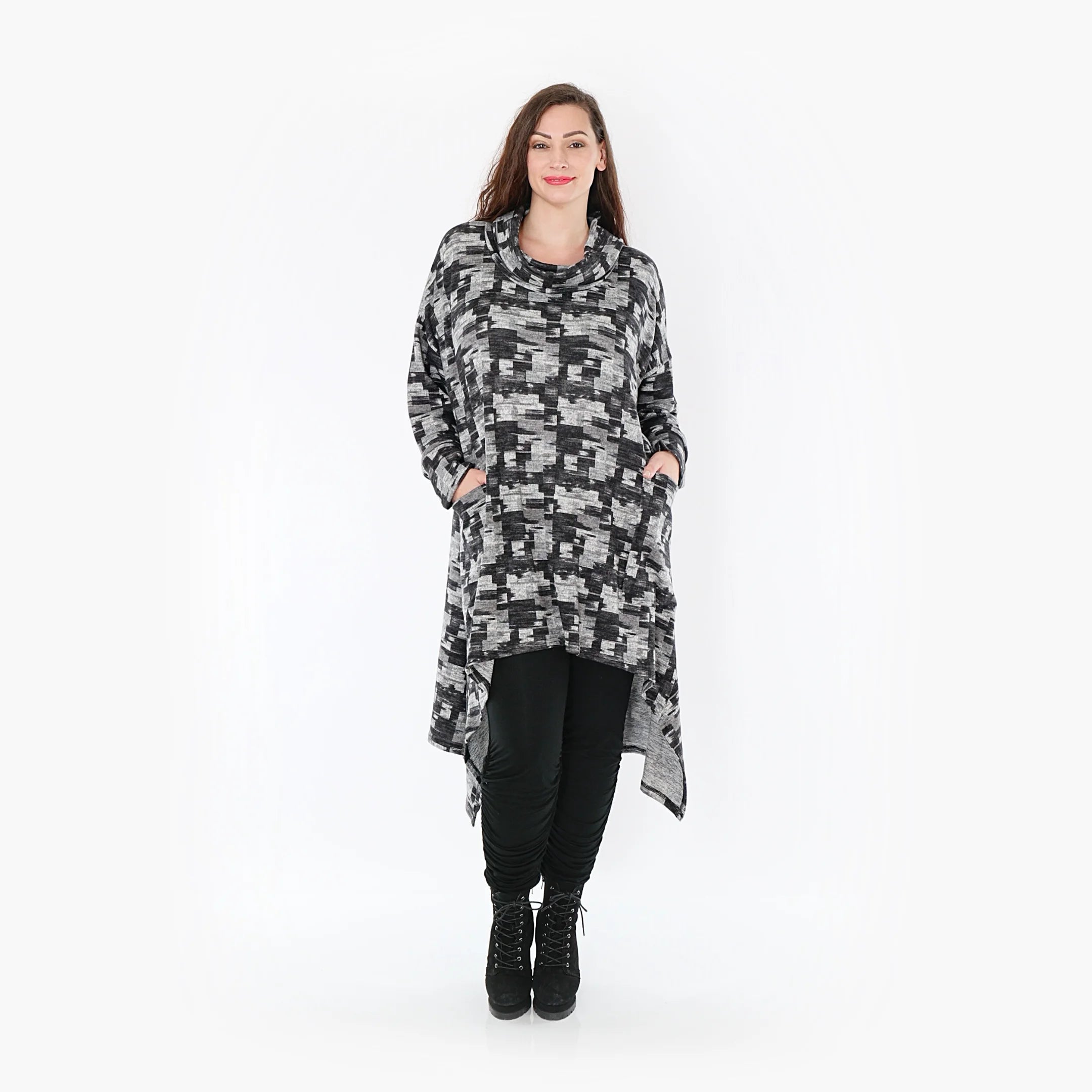  AKH Fashion Kleid in Vokuhila-Form, aus Materialmix, 1375.06882, Dunkelgrau-Grau, Kariert