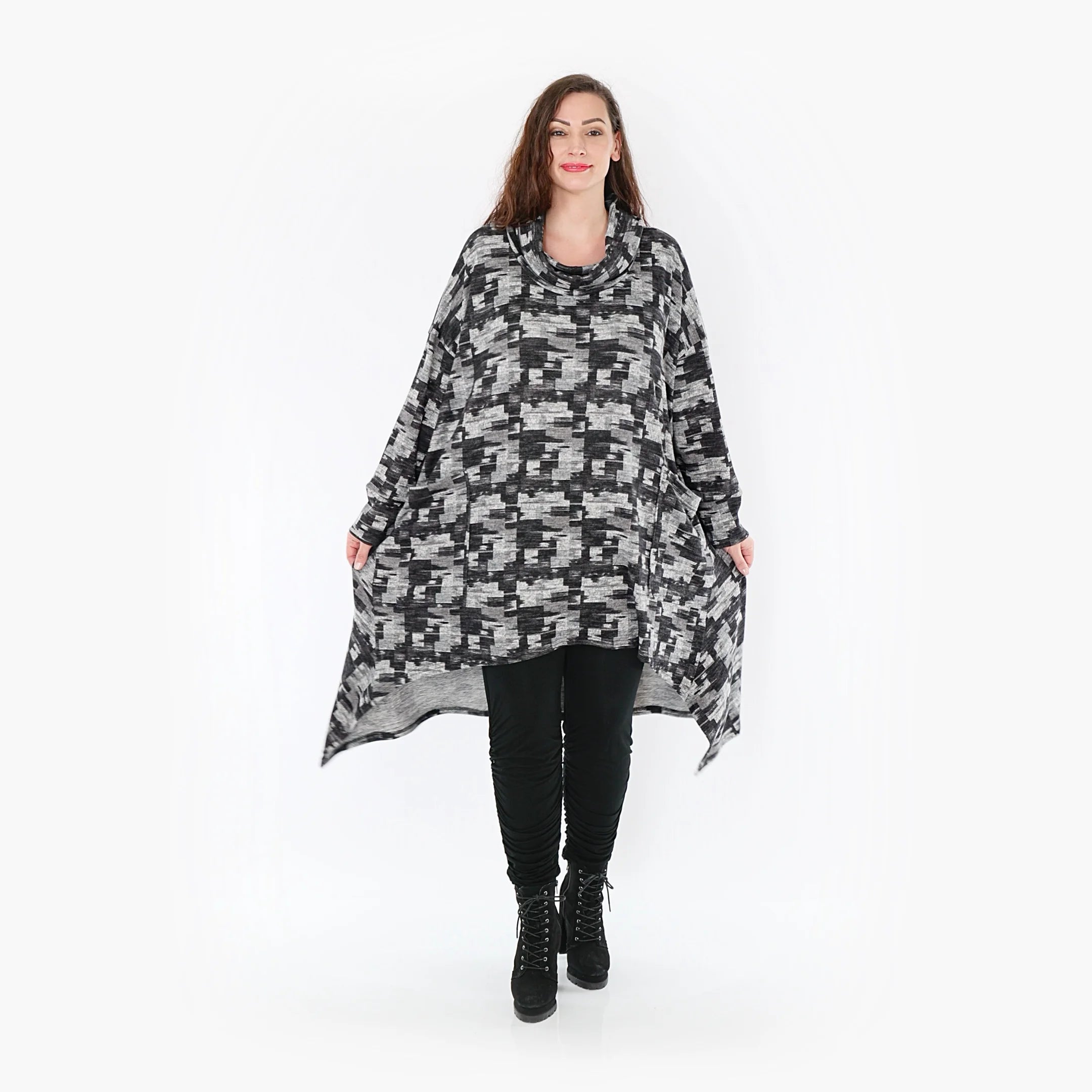  AKH Fashion Kleid in Vokuhila-Form, aus Materialmix, 1375.06882, Dunkelgrau-Grau, Kariert