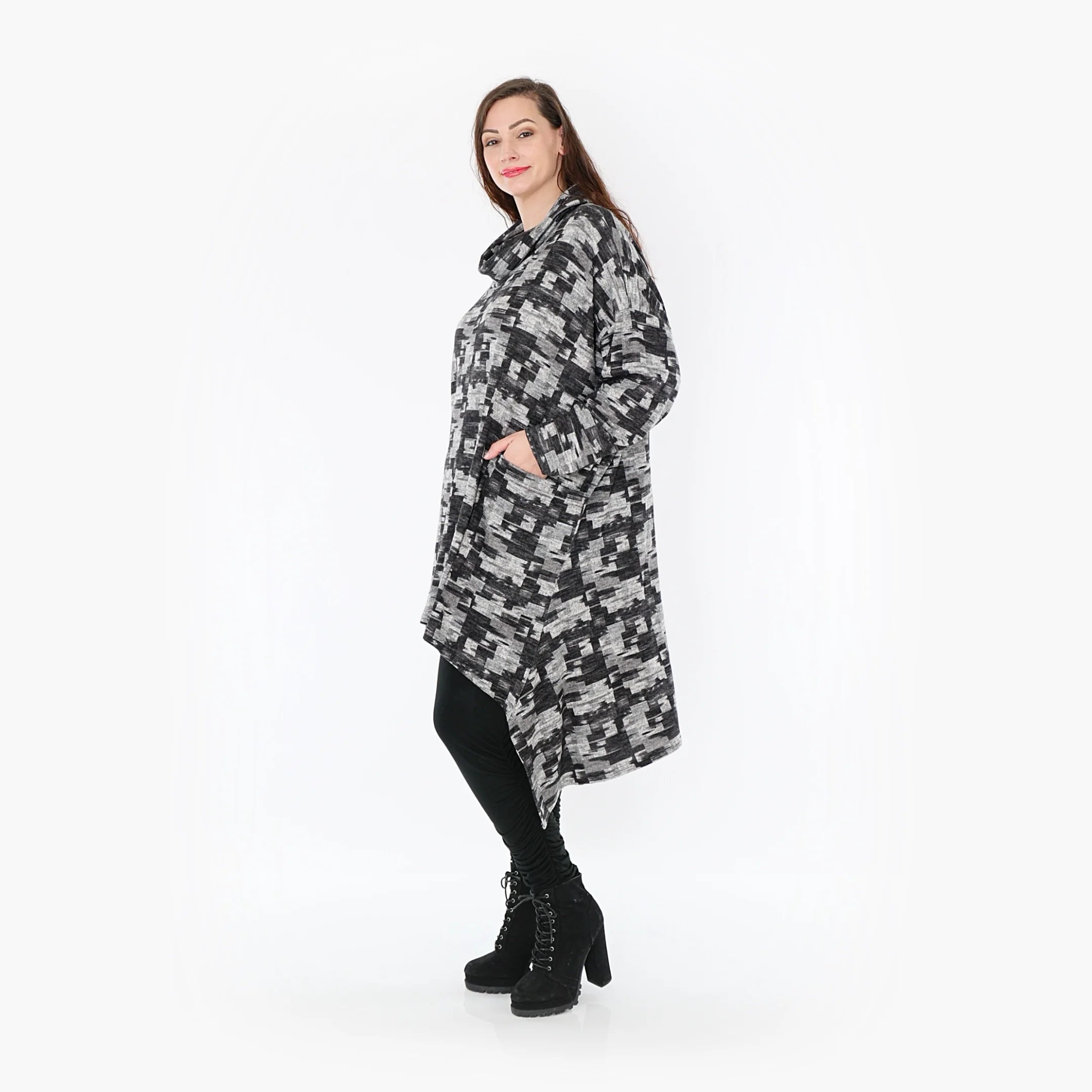 AKH Fashion Kleid in Vokuhila-Form, aus Materialmix, 1375.06882, Dunkelgrau-Grau, Kariert