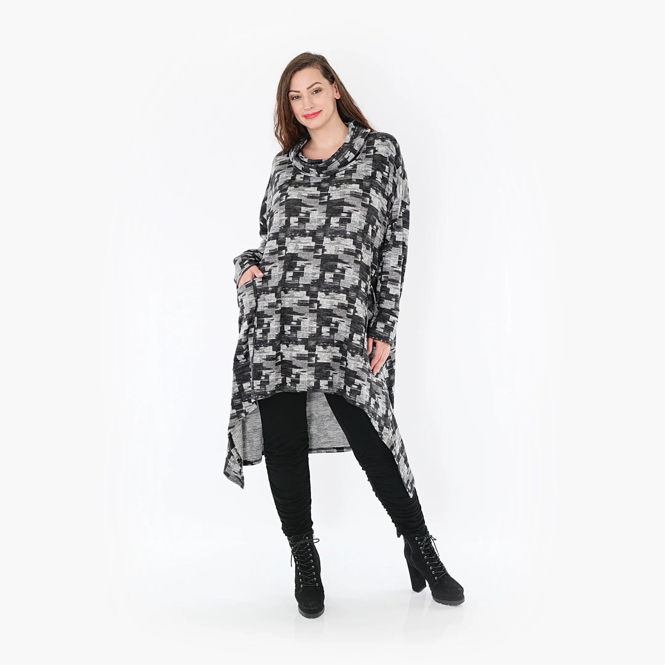  AKH Fashion Kleid in Vokuhila-Form, aus Materialmix, 1375.06882, Dunkelgrau-Grau, Kariert