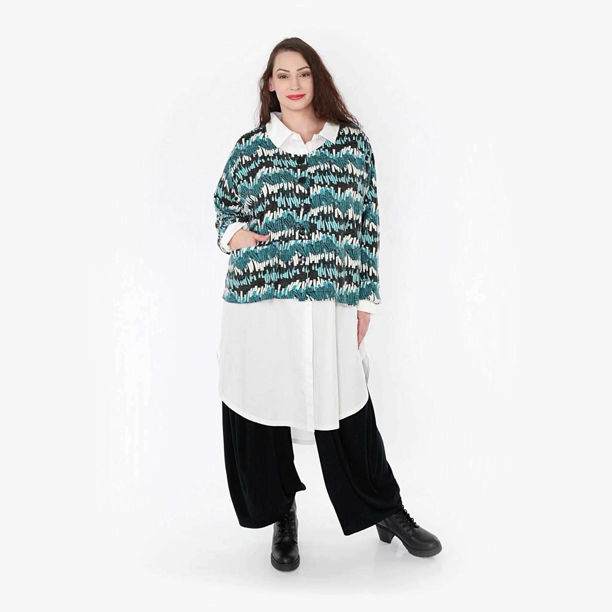  AKH Fashion Jacke in gerader Form, aus Viskose, 1327.02149, Anthra-Blaugrün-Weiß, Farbmix