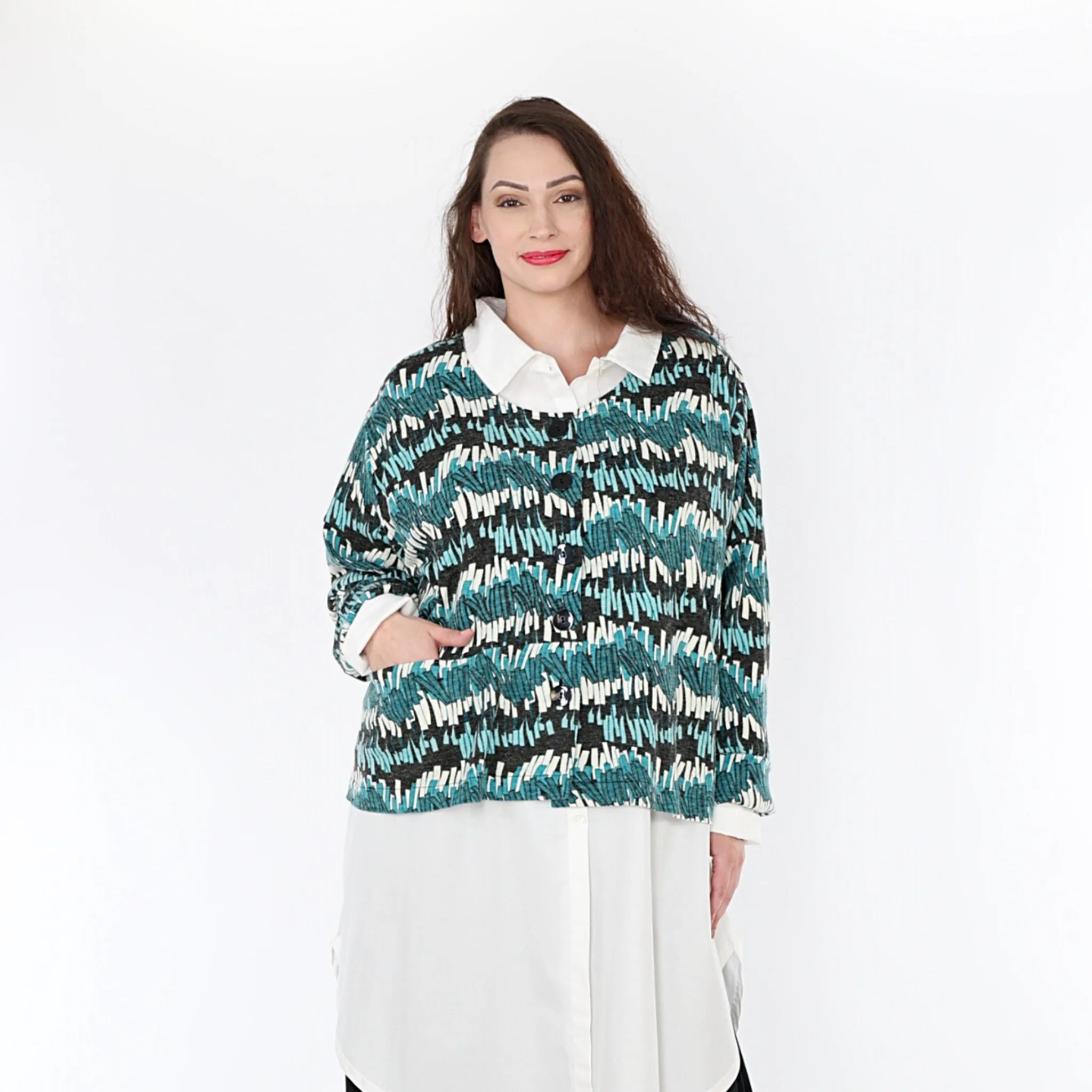  AKH Fashion Jacke in gerader Form, aus Viskose, 1327.02149, Anthra-Blaugrün-Weiß, Farbmix