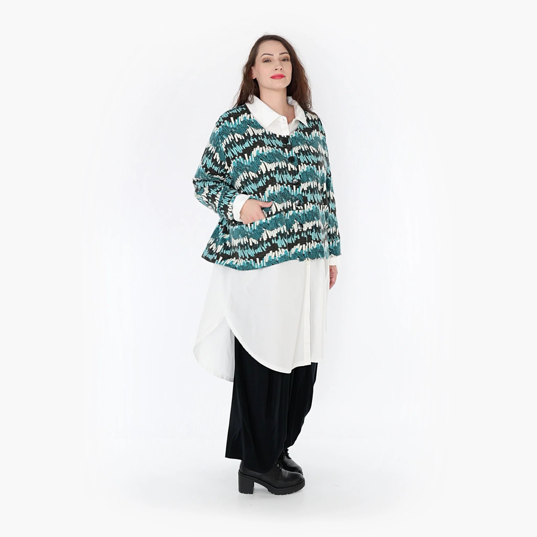  AKH Fashion Jacke in gerader Form, aus Viskose, 1327.02149, Anthra-Blaugrün-Weiß, Farbmix