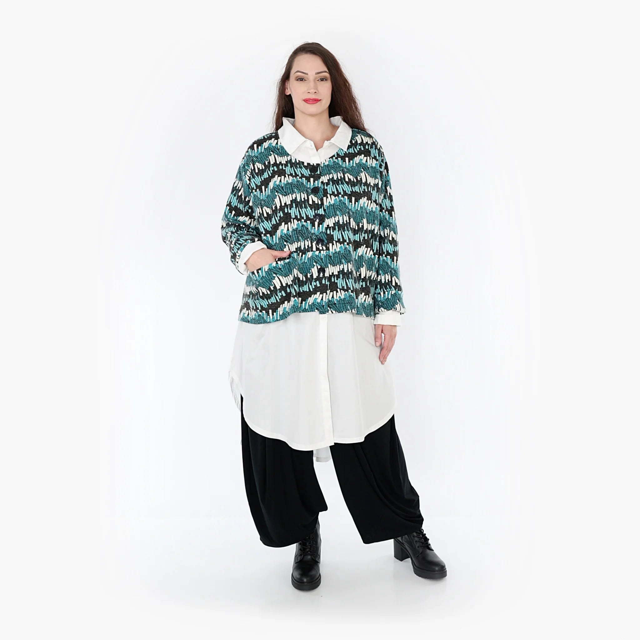 AKH Fashion Jacke in gerader Form, aus Viskose, 1327.02149, Anthra-Blaugrün-Weiß, Farbmix
