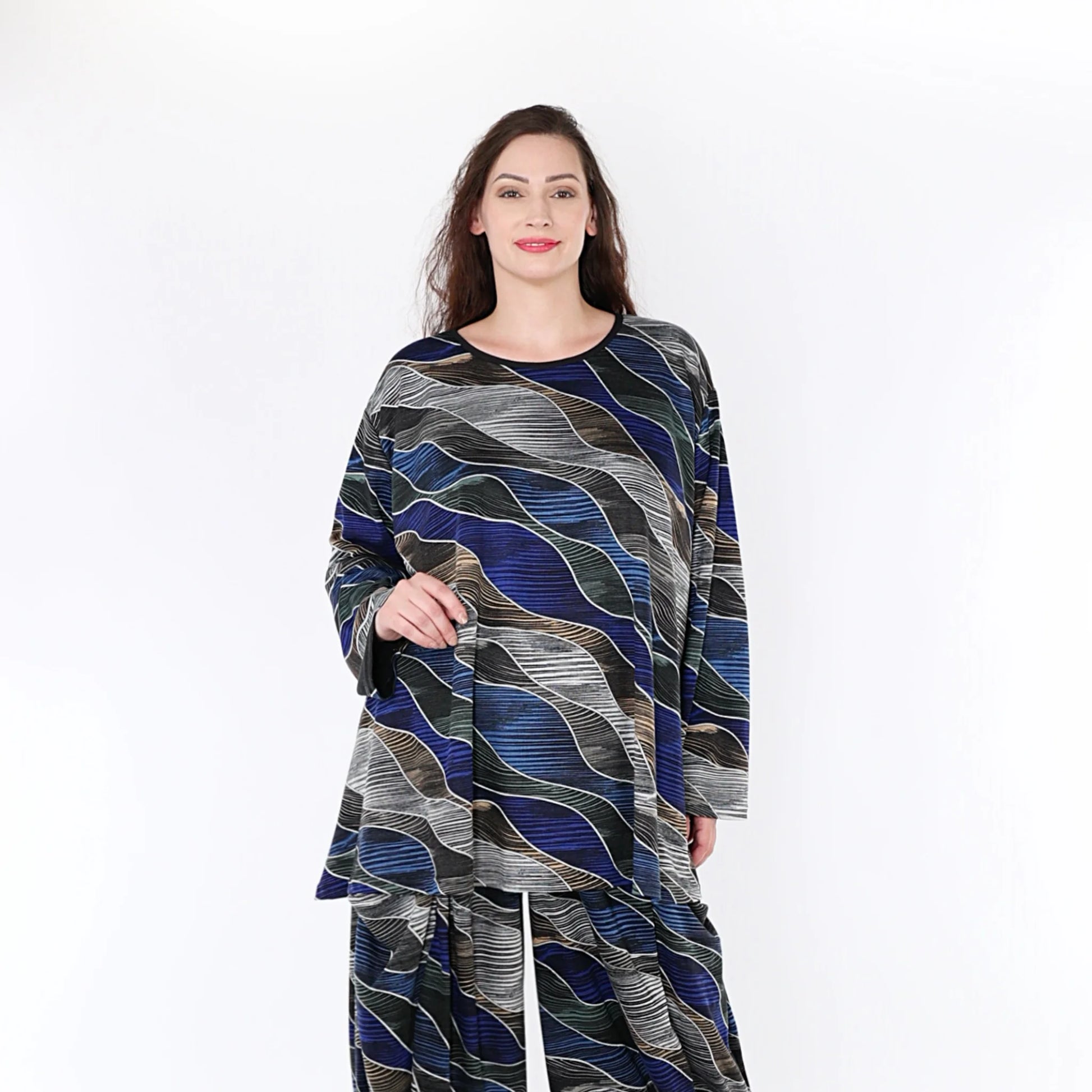  A-Form Bigshirt von AKH Fashion aus Materialmix, 1334.00593, Blau-Grau, Farbmix, Ausgefallen