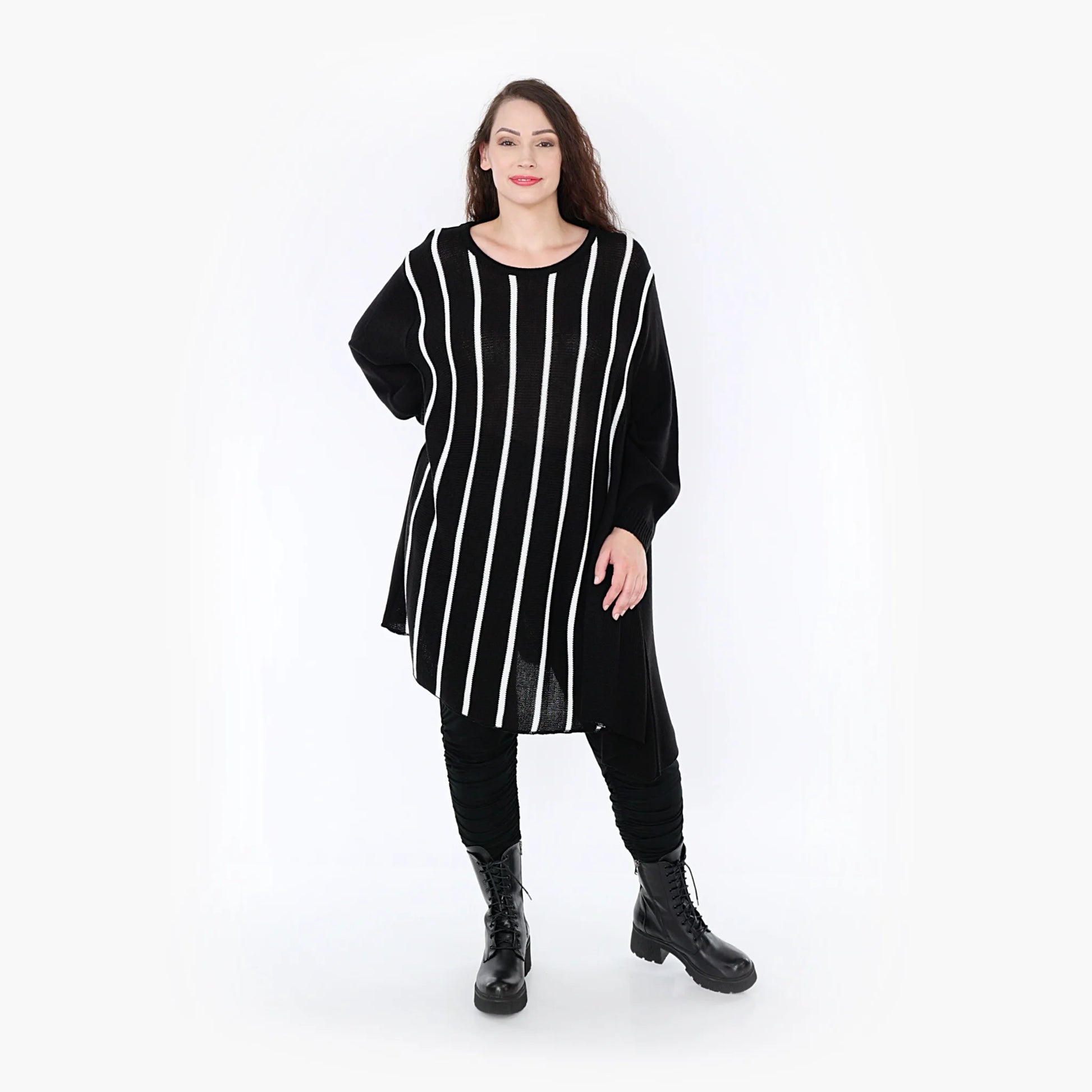  A-Form Bigshirt von AKH Fashion aus Baumwolle, 1343.0593D, Schwarz-Weiß, Streifen, Schick