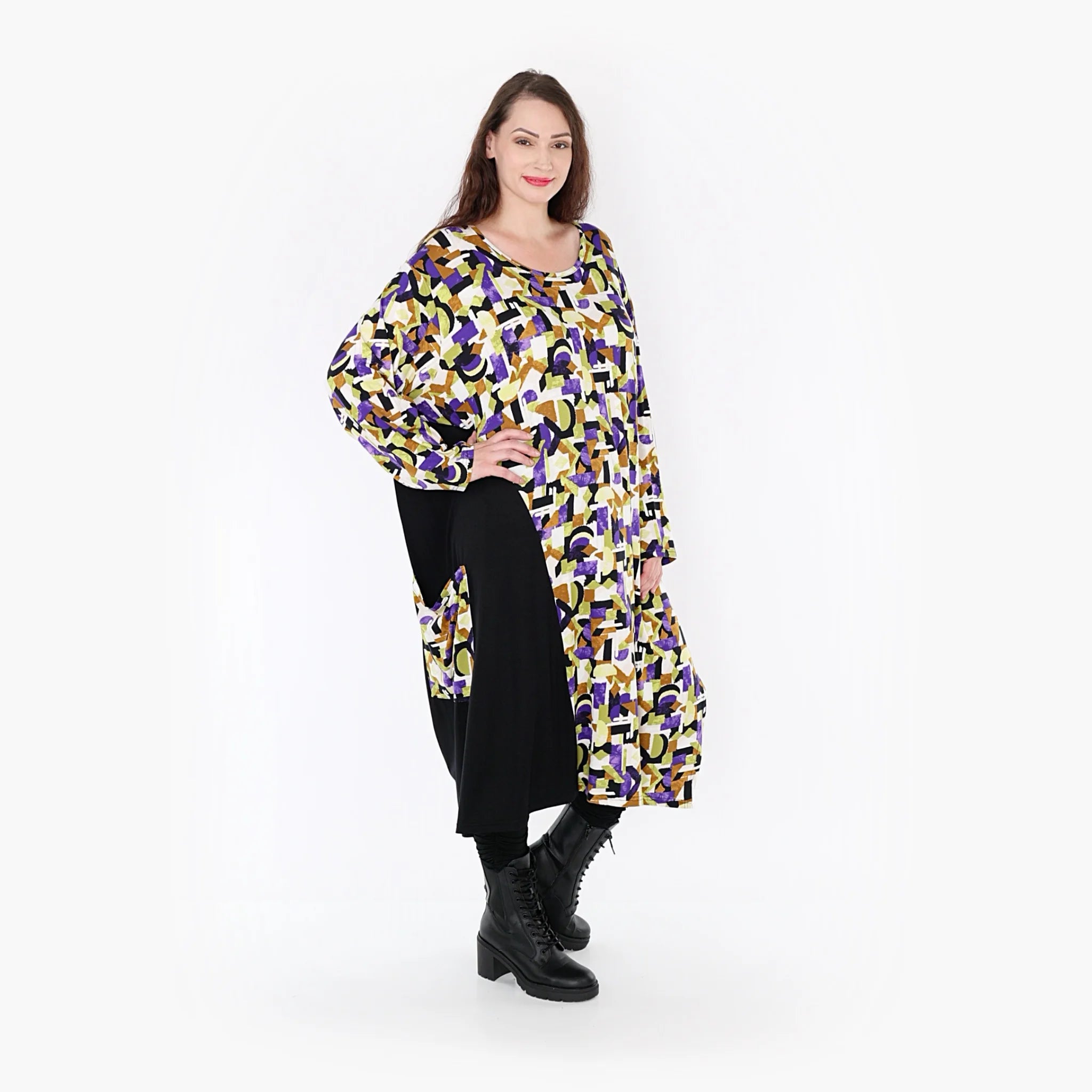  Ballonkleid von AKH Fashion aus Viskose, 1345.06980, Violett-Lime-Schwarz, Grafik, Schick