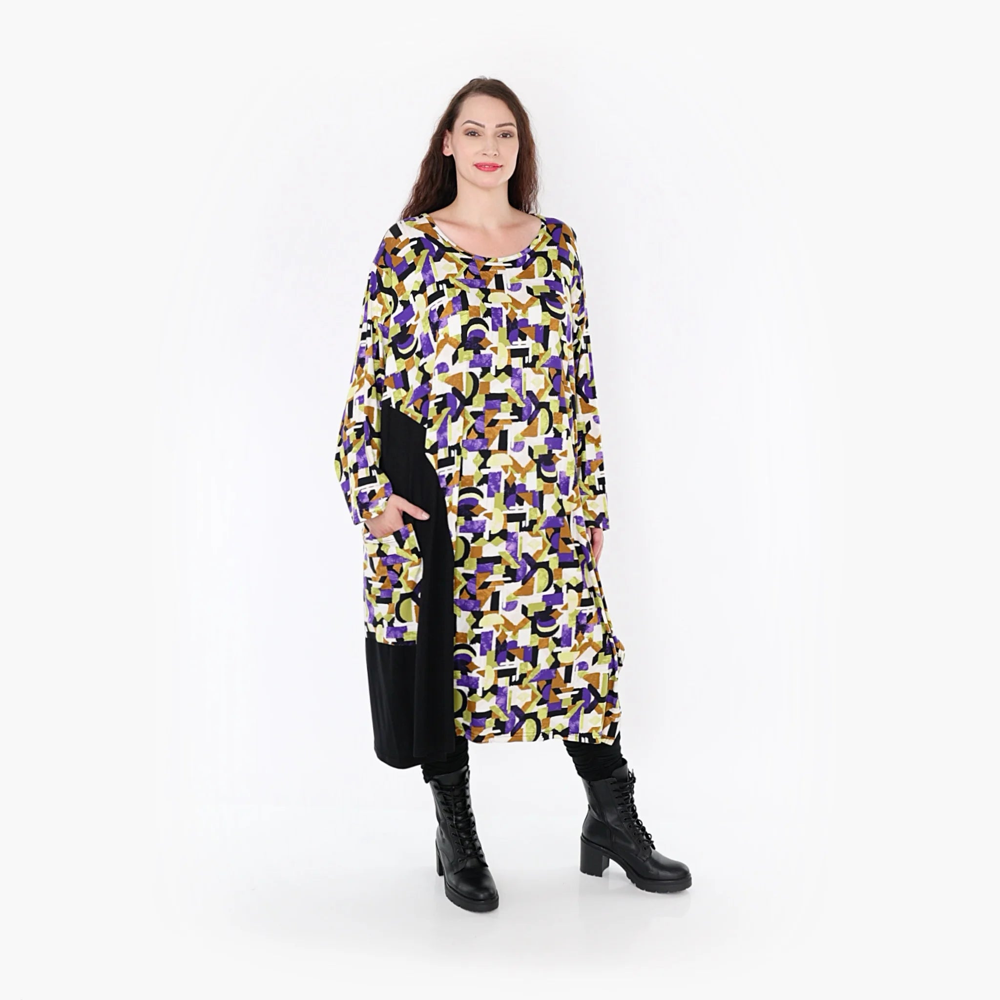  Ballonkleid von AKH Fashion aus Viskose, 1345.06980, Violett-Lime-Schwarz, Grafik, Schick