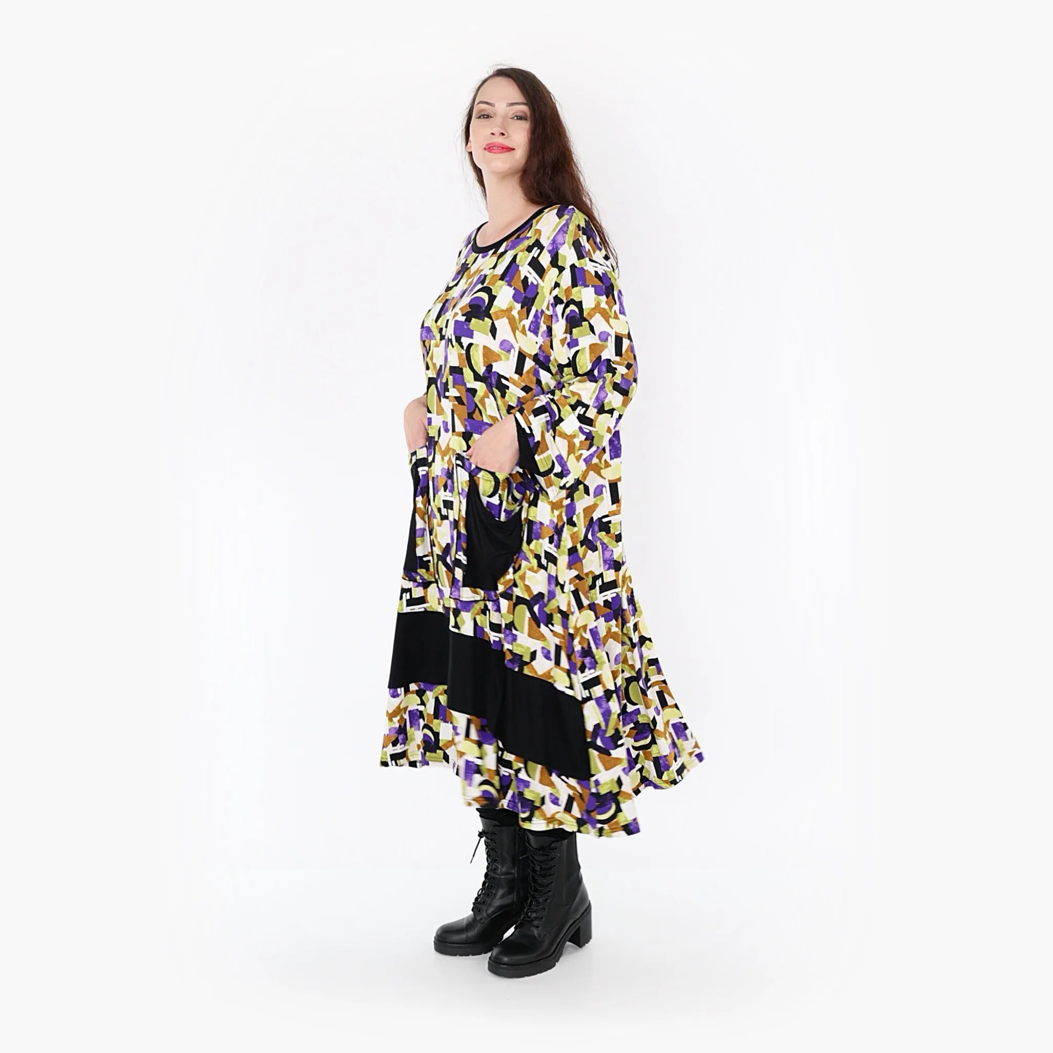  Ballonkleid von AKH Fashion aus Viskose, 1345.06981, Violett-Lime-Schwarz, Grafik, Schick