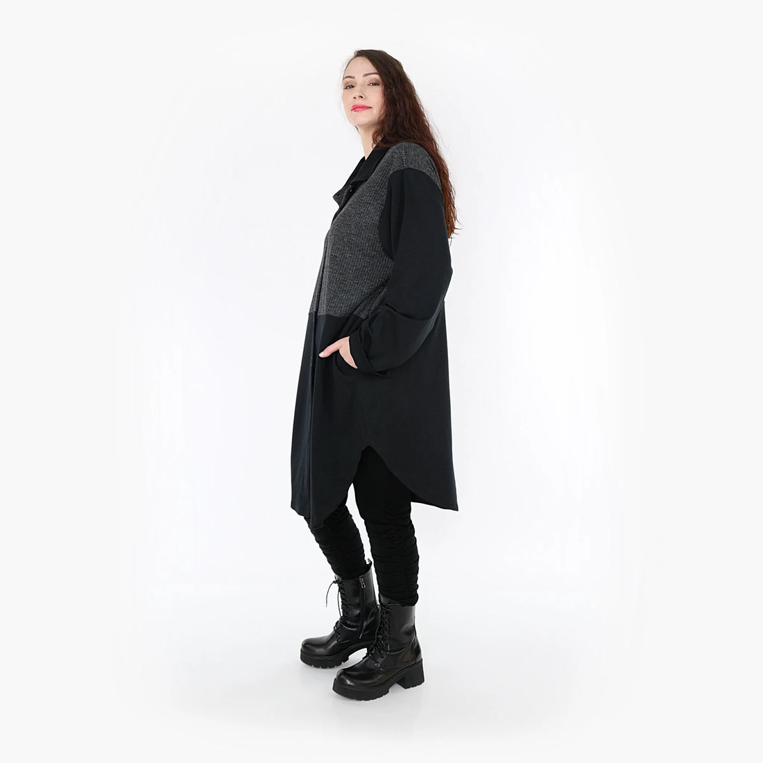  Bluse von AKH Fashion aus Materialmix in gerundeter Form, 1346.06881, Schwarz-Dunkelgrau