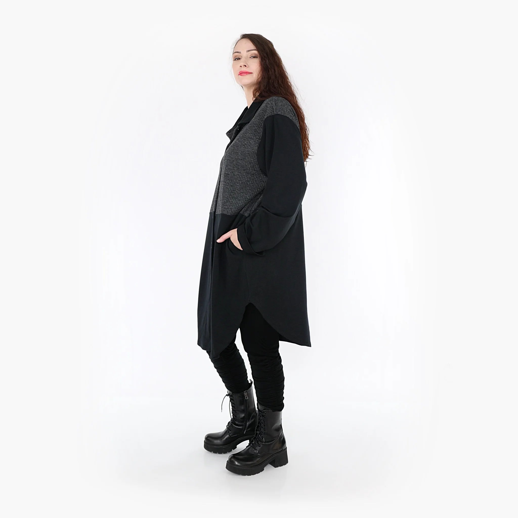  AKH Fashion Bluse in gerundeter Form, aus Materialmix, 1346.06881, Schwarz-Dunkelgrau