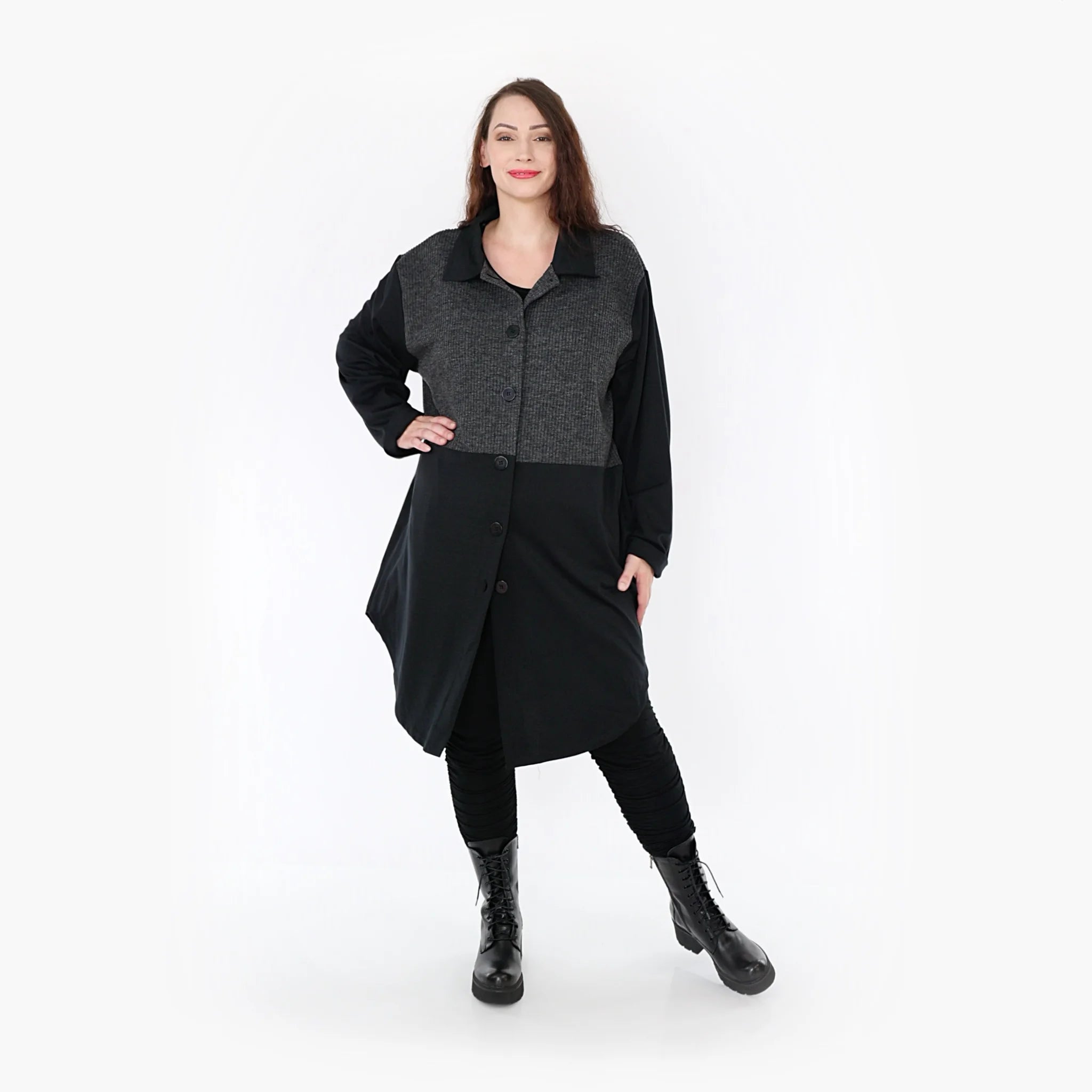  AKH Fashion Bluse in gerundeter Form, aus Materialmix, 1346.06881, Schwarz-Dunkelgrau