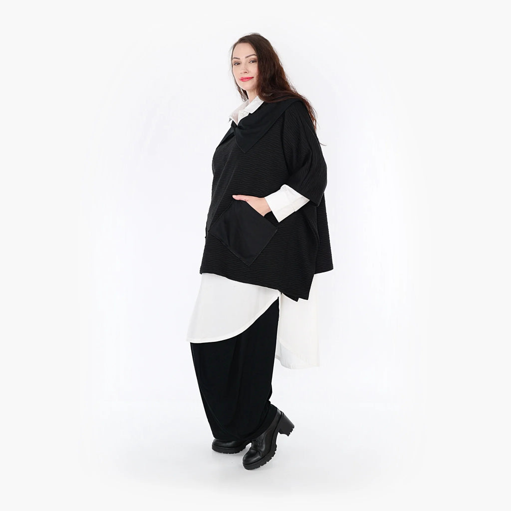  AKH Fashion Poncho in kastiger Form, aus Materialmix, 1347.06884, Schwarz, Wellen, Schick