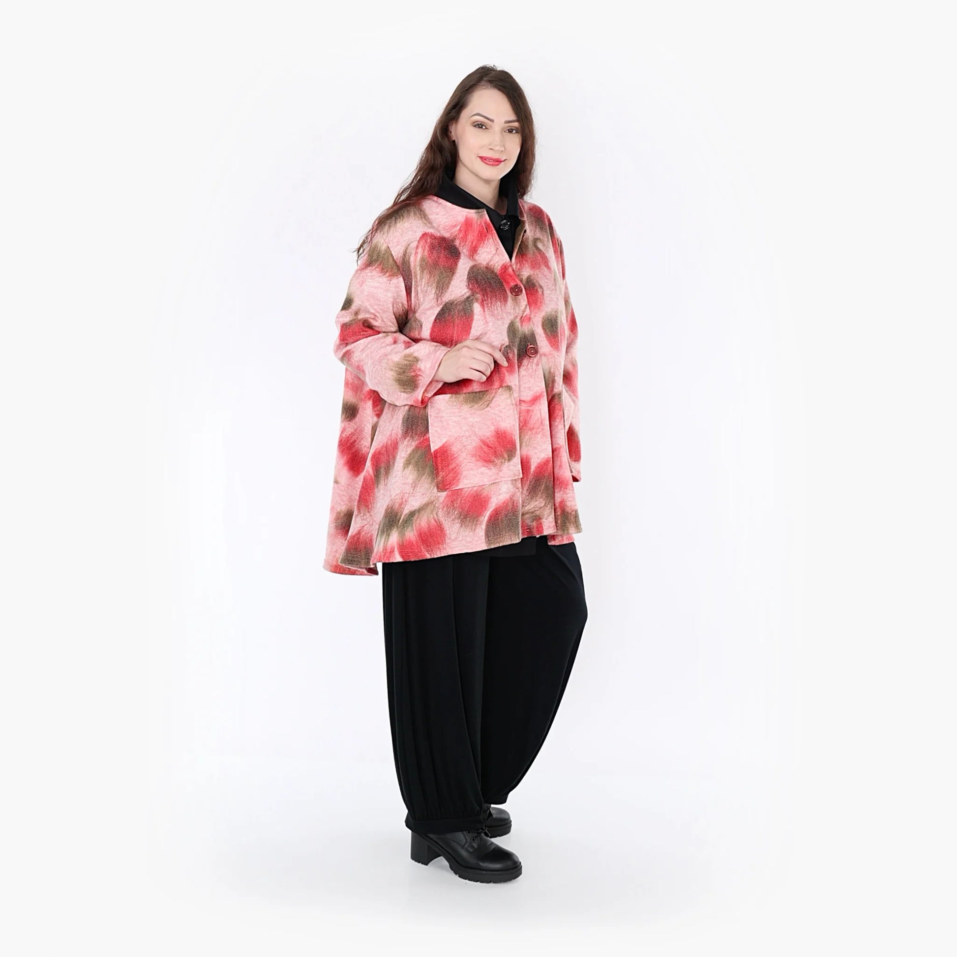  Oversize A-Form Jacke in pink-grün mit aufgesetzten Taschen für Plus Size Fashion