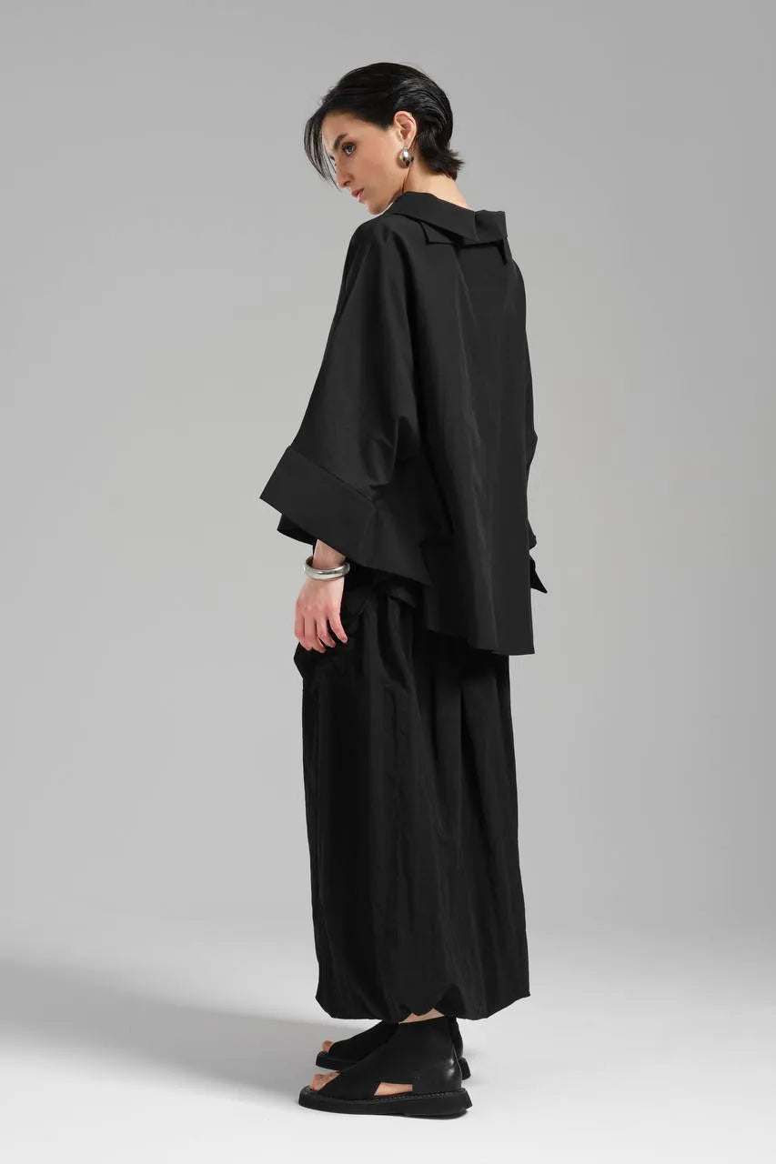  Stylische TW3 Bluse in gerundeter Form, aus Baumwolle, 1121, Schwarz, Schick, Modern, Ausgefallen