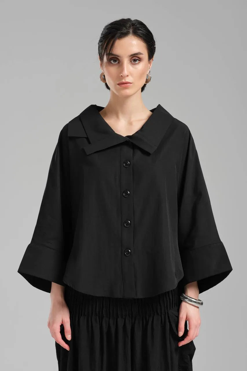  Stylische TW3 Bluse in gerundeter Form, aus Baumwolle, 1121, Schwarz, Schick, Modern, Ausgefallen