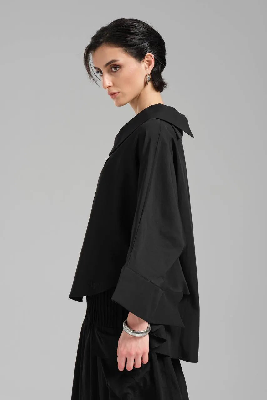  Stylische TW3 Bluse in gerundeter Form, aus Baumwolle, 1121, Schwarz, Schick, Modern, Ausgefallen