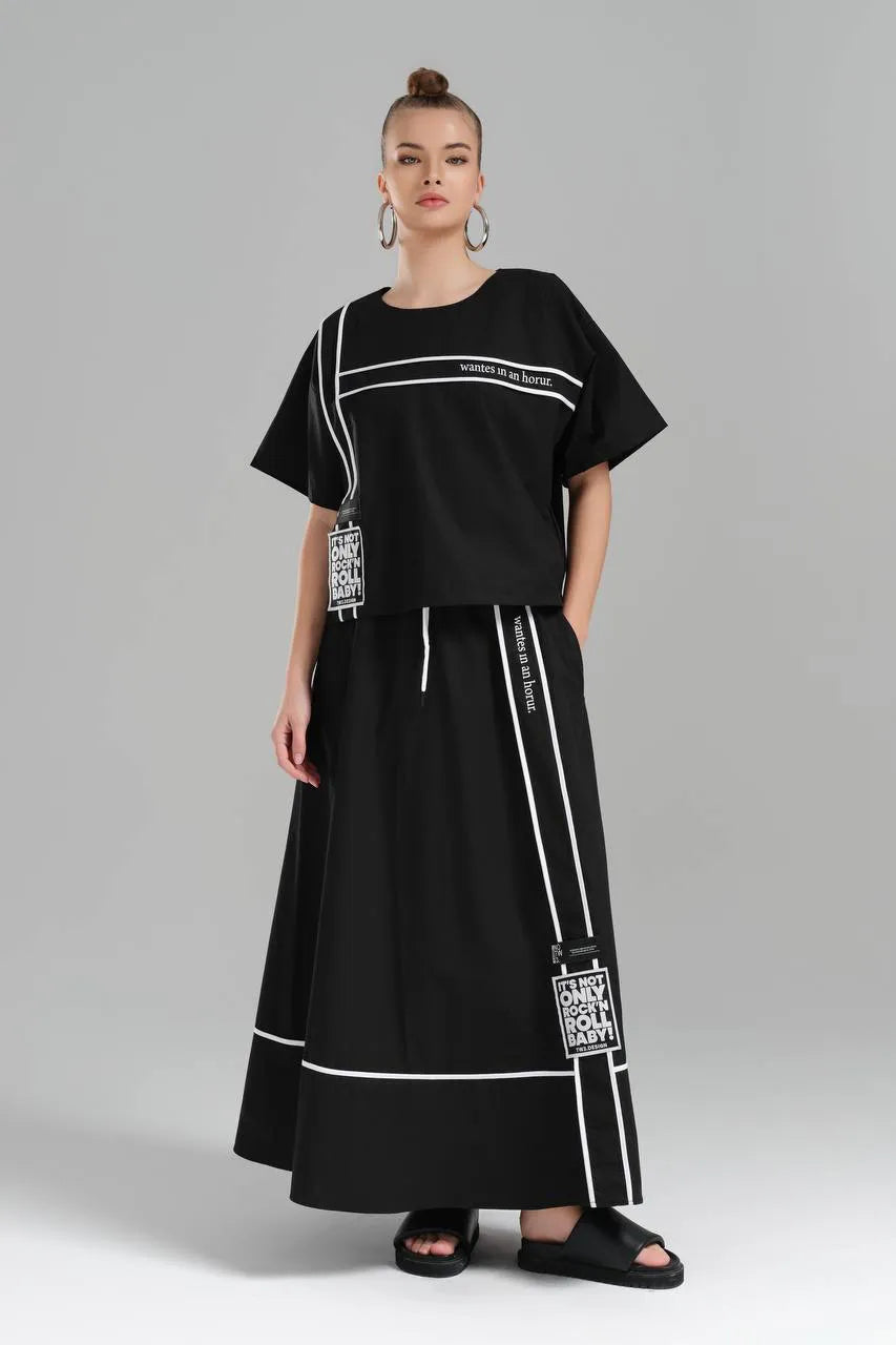  TW3 Bluse in kastiger Form, aus Baumwolle, 1226, Schwarz, Streifen, Schick, Ausgefallen