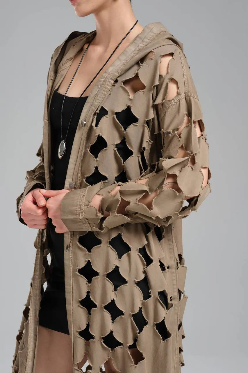  TW3 Mantel in gerader Form, aus Baumwolle, 1540, Beige, Punkte, Ausgefallen, Zeitlos