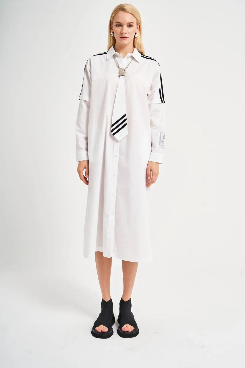  A-Form Kleid von TW3 aus feinem Materialmix, 457, Weiß, Streifen, Schick, Modern, Ausgefallen