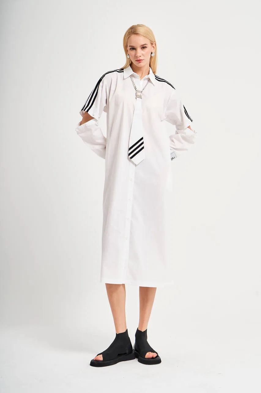  A-Form Kleid von TW3 aus feinem Materialmix, 457, Weiß, Streifen, Schick, Modern, Ausgefallen