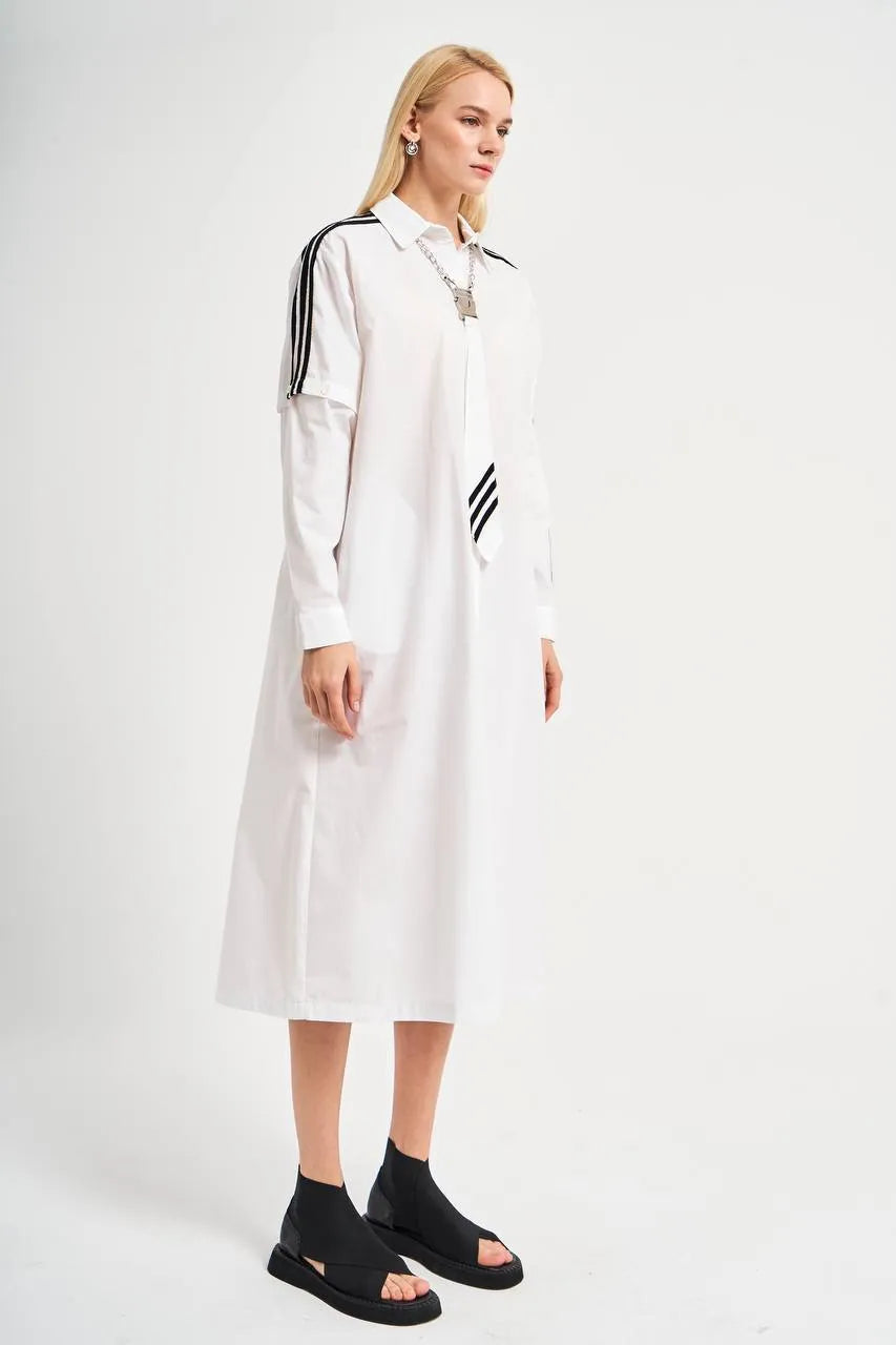  A-Form Kleid von TW3 aus feinem Materialmix, 457, Weiß, Streifen, Schick, Modern, Ausgefallen