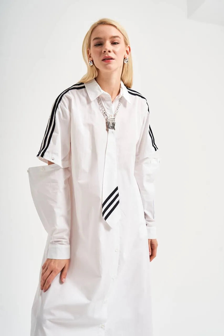  A-Form Kleid von TW3 aus feinem Materialmix, 457, Weiß, Streifen, Schick, Modern, Ausgefallen