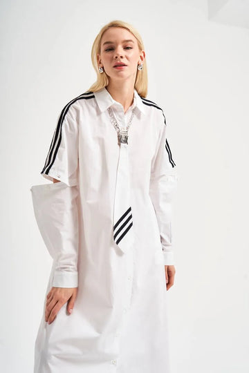  A-Form Kleid von TW3 aus feinem Materialmix, 457, Weiß, Streifen, Schick, Modern, Ausgefallen