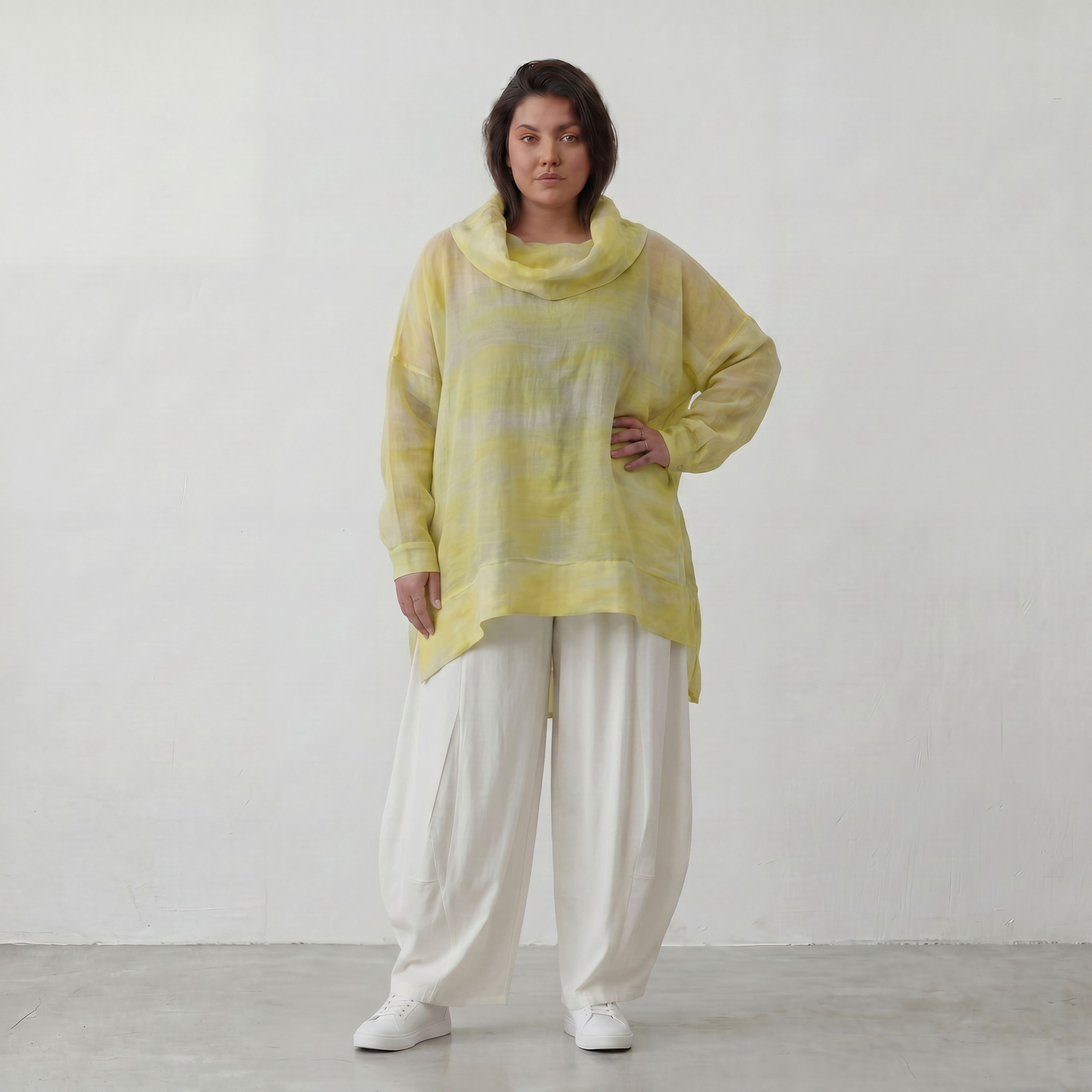Gelb/Grau Oversize Lagenlook Shirt mit Crashstruktur asymmetrisch leger zeitlos softfeel