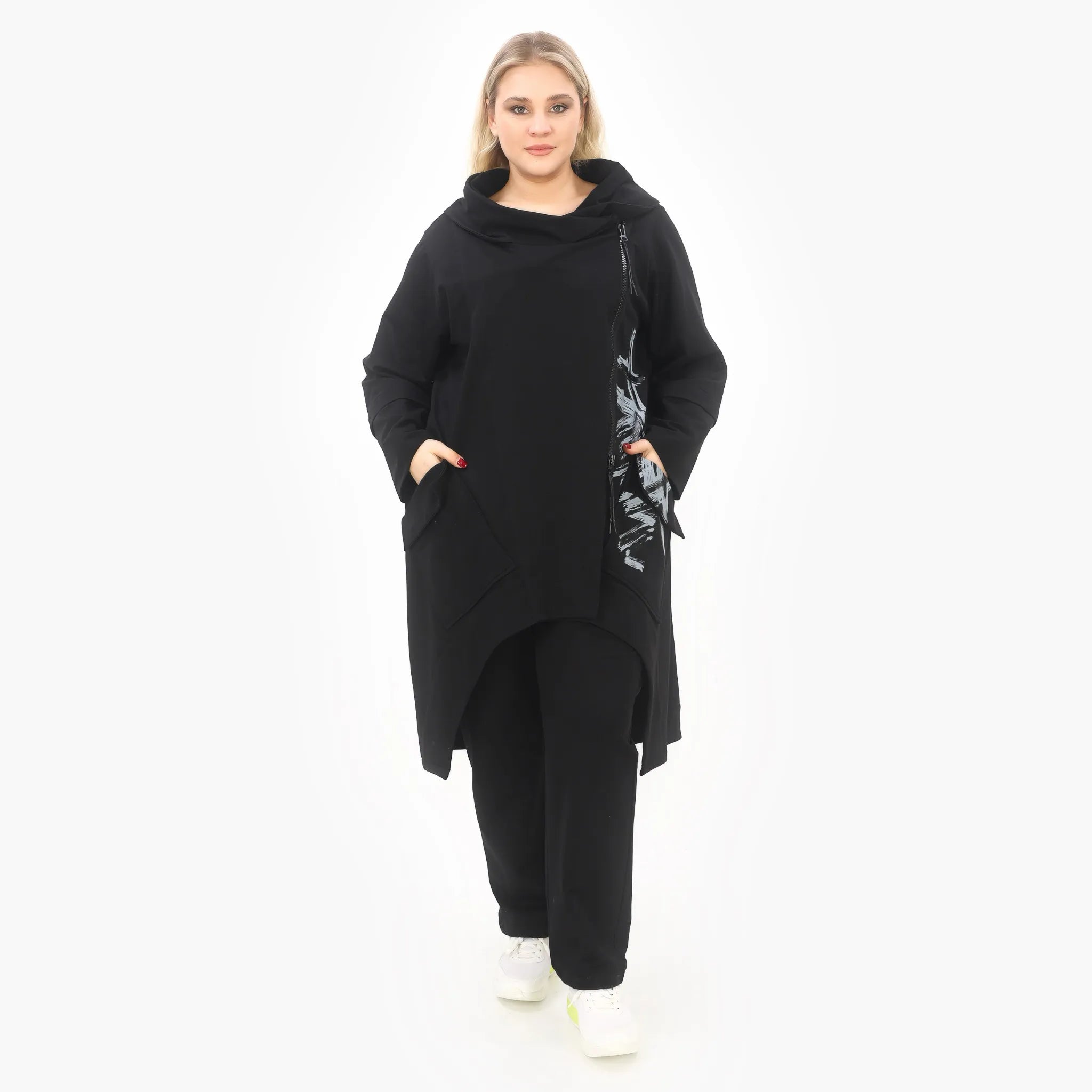  A-Form Jacke von Zedd Plus aus Baumwolle, 25084, Schwarz/Weiß/Grau, Schick, Modern, Bequem