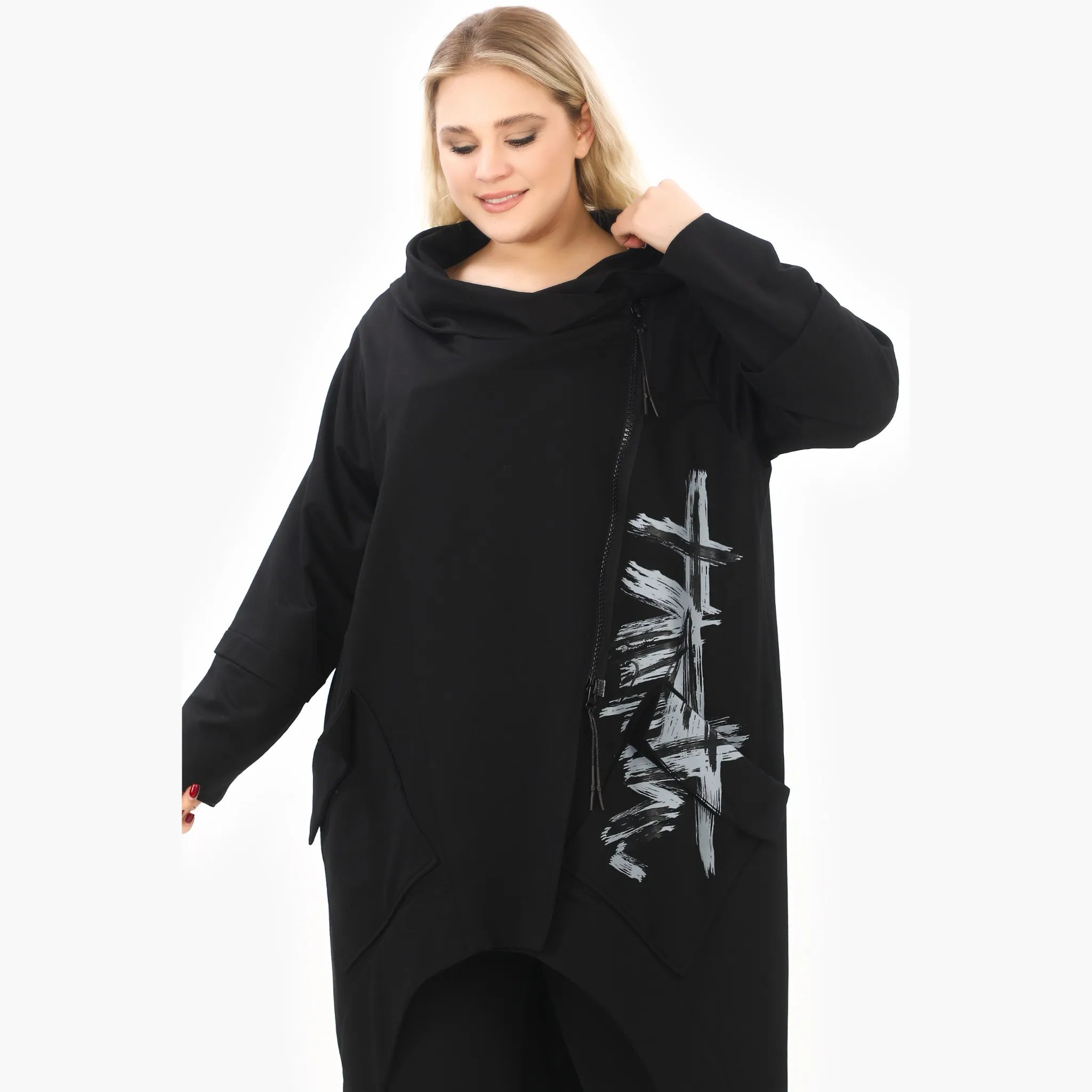  A-Form Jacke von Zedd Plus aus Baumwolle, 25084, Schwarz/Weiß/Grau, Schick, Modern, Bequem