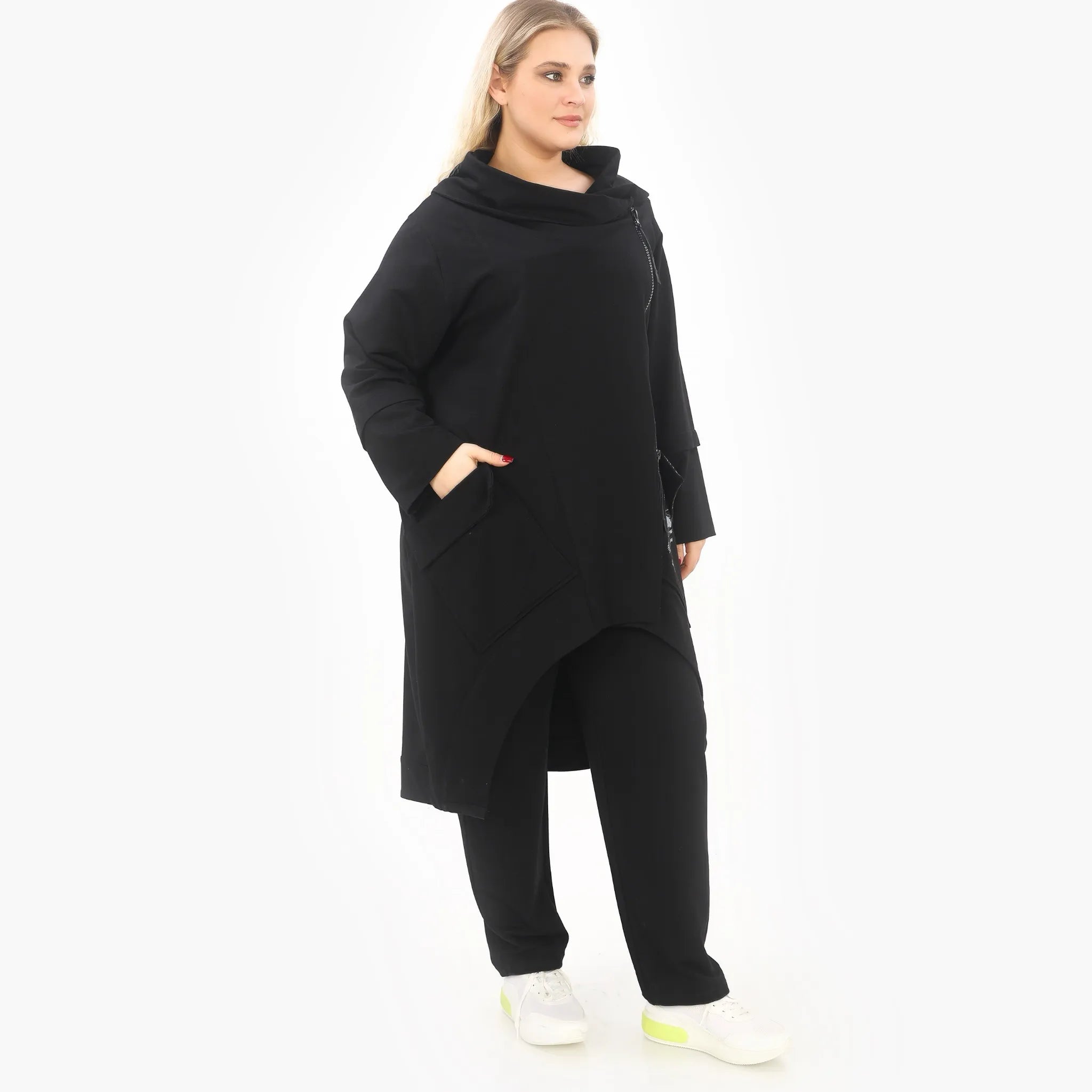  A-Form Jacke von Zedd Plus aus Baumwolle, 25084, Schwarz/Weiß/Grau, Schick, Modern, Bequem
