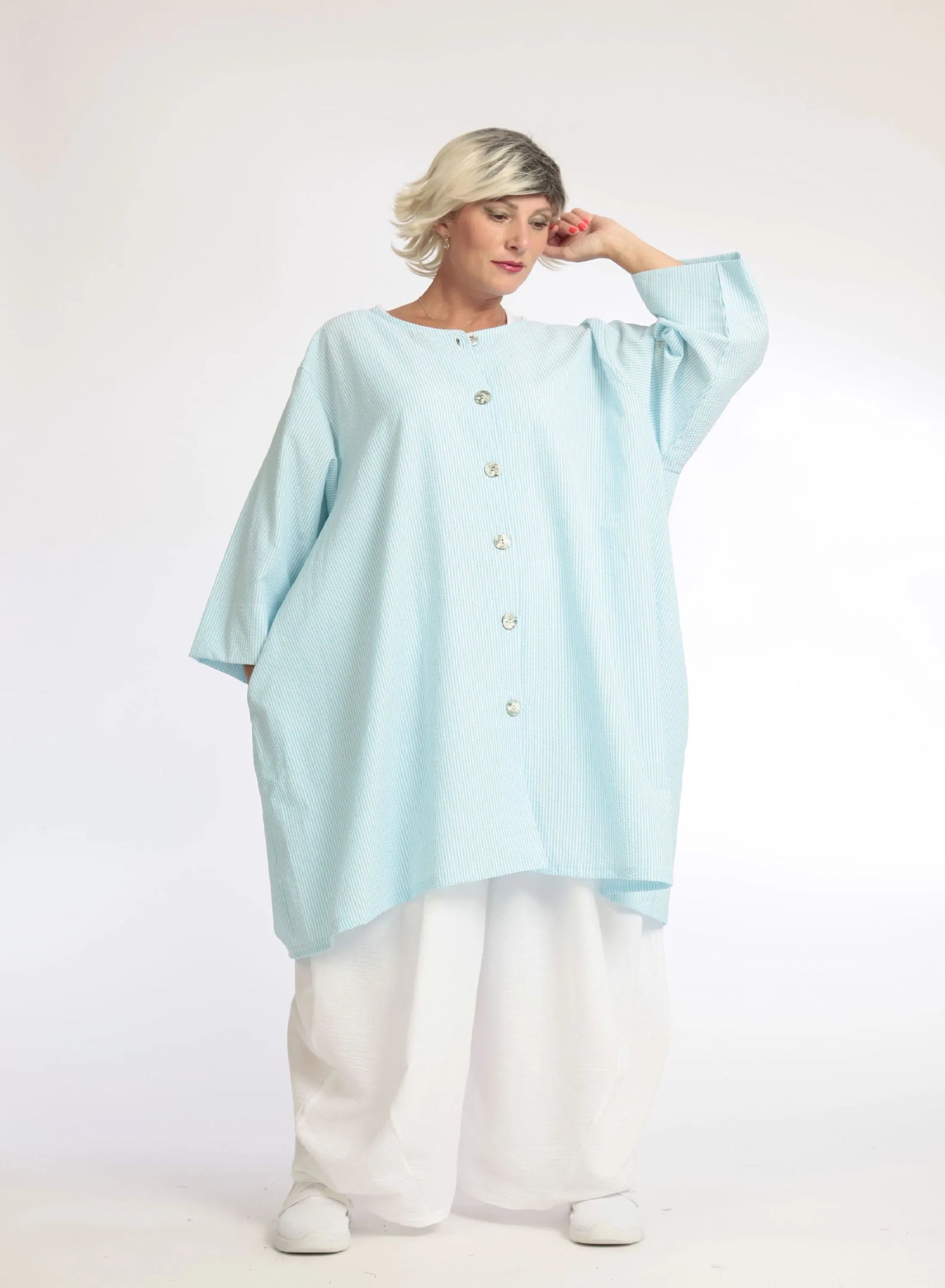  A-Form Bluse von AKH Fashion aus Baumwolle, 1058.06836, Hellblau, Unifarben, Ausgefallen