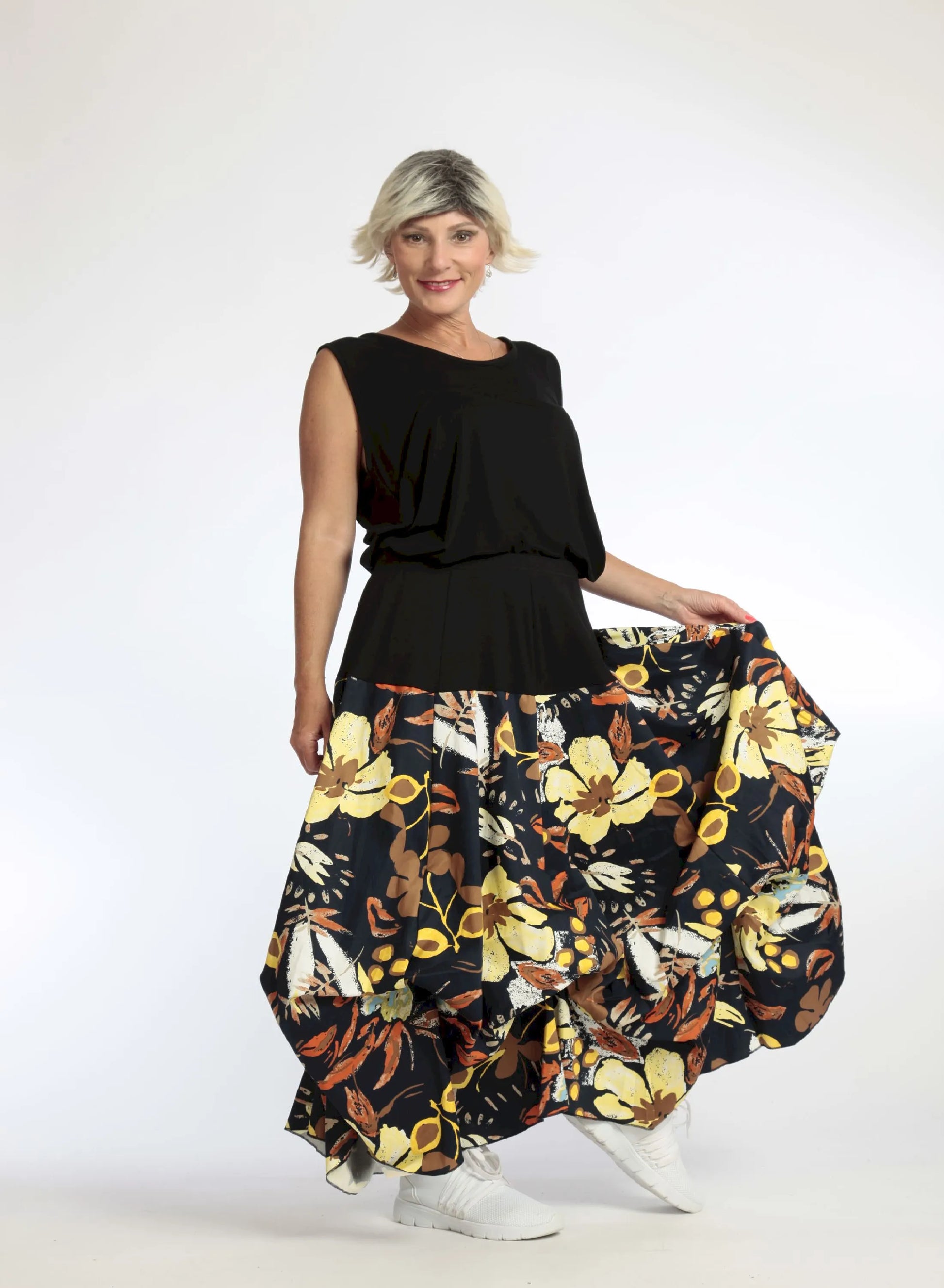  Eleganter Ballonrock mit floralen Mustern in Dunkelblau und elastischem Bund für Plus Size Fashion