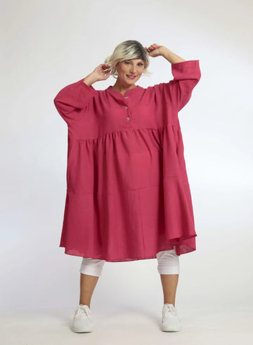  A-Form Kleid in strahlendem Fuchsia mit Stehkragen und 3/4-Ärmeln, ideal für Frühling und Sommer