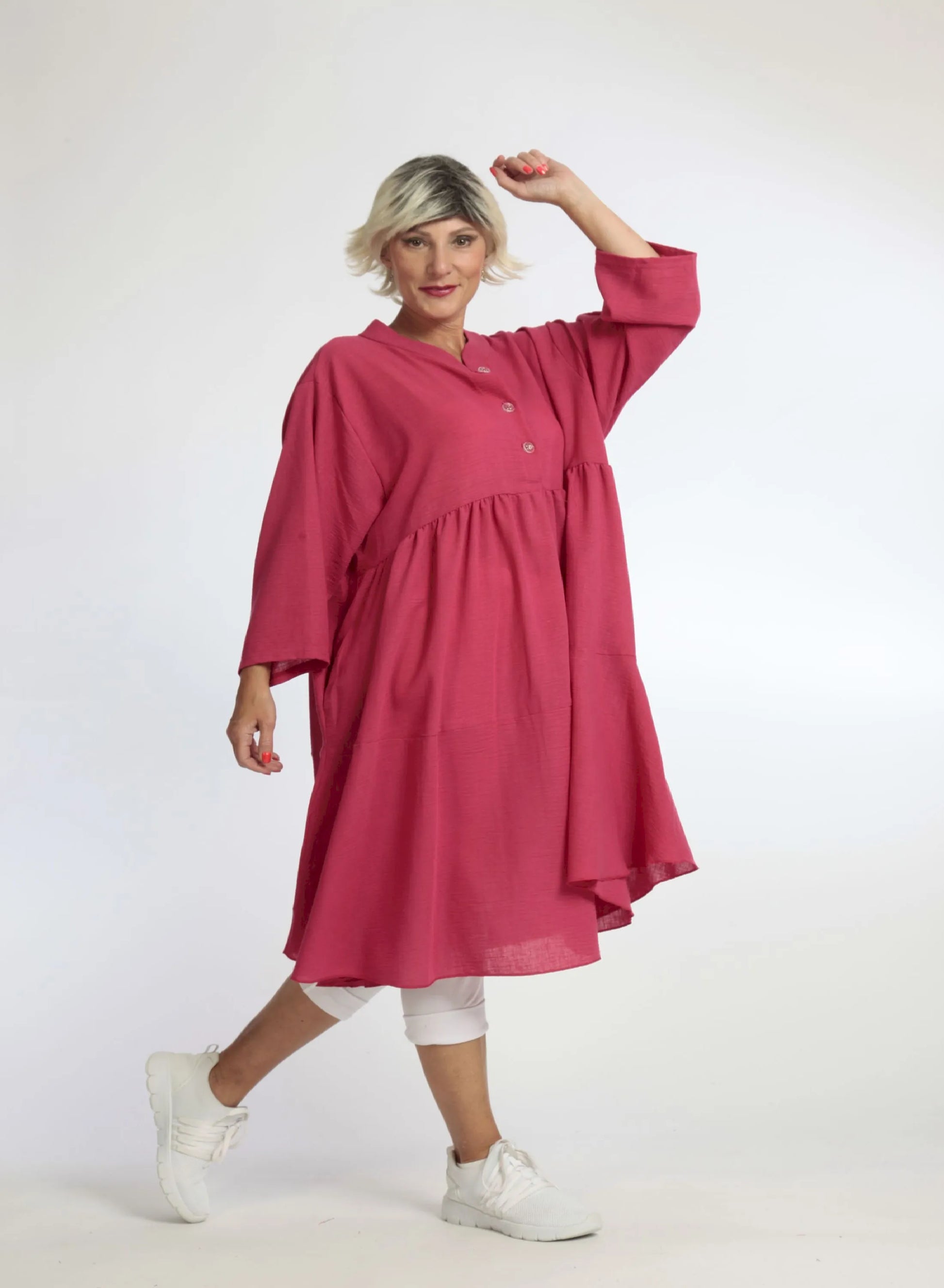  A-Form Kleid in strahlendem Fuchsia mit Stehkragen und 3/4-Ärmeln, ideal für Frühling und Sommer